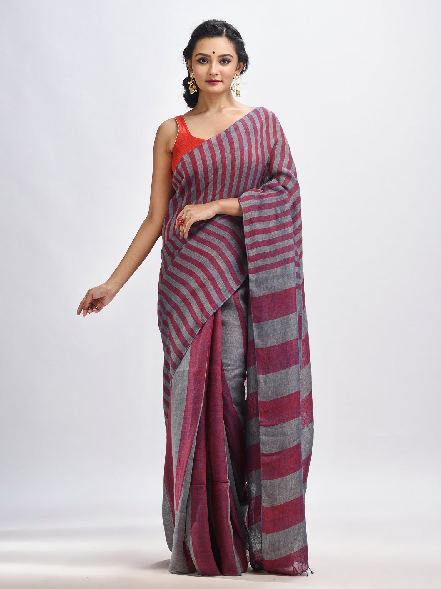 Women's Maroon And Steel Stipe Handwoven linen handloom Saree - Angoshobha