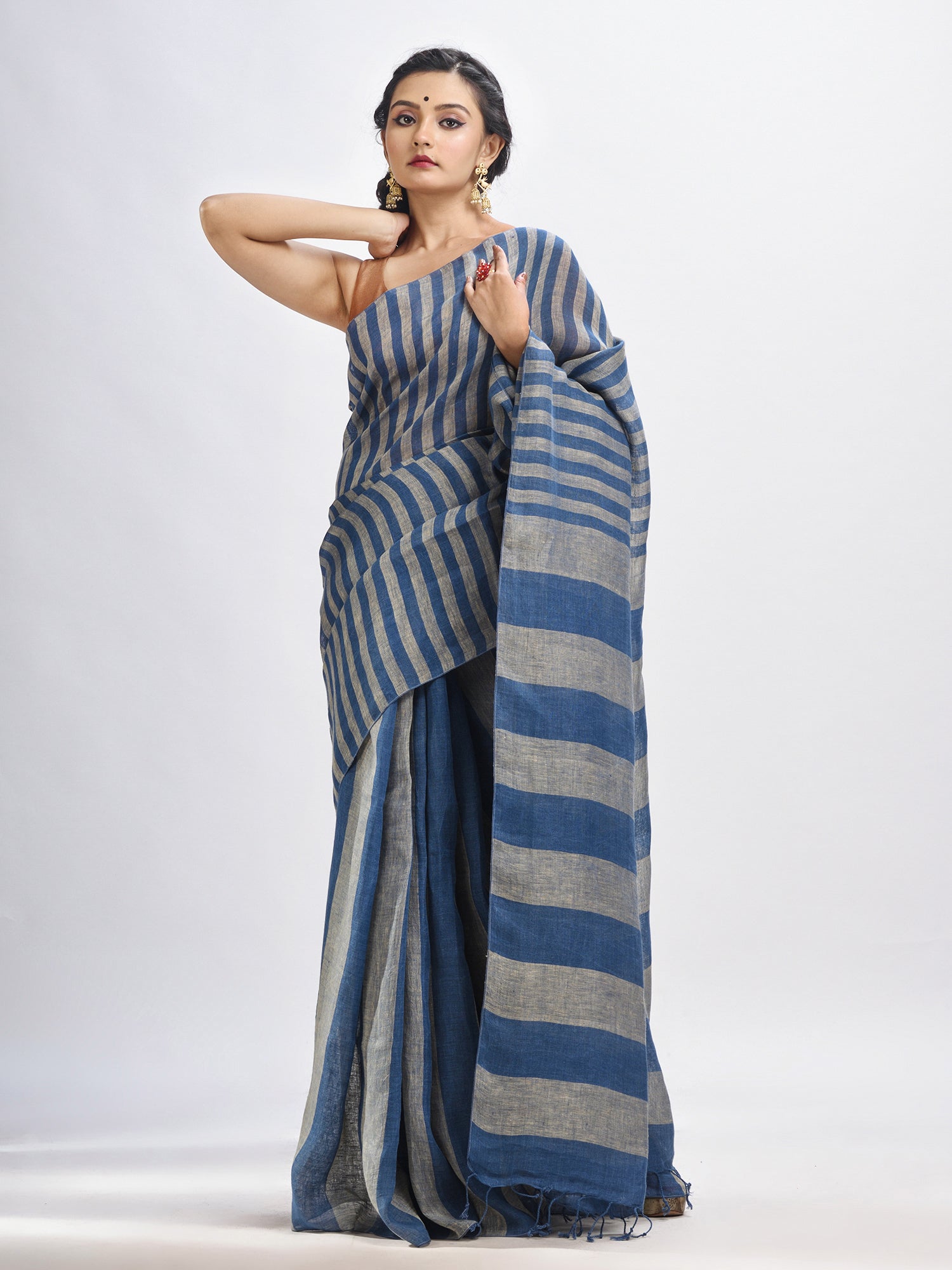 Women's Nevy blue And muga Stipe Handwoven linen handloom Saree - Angoshobha