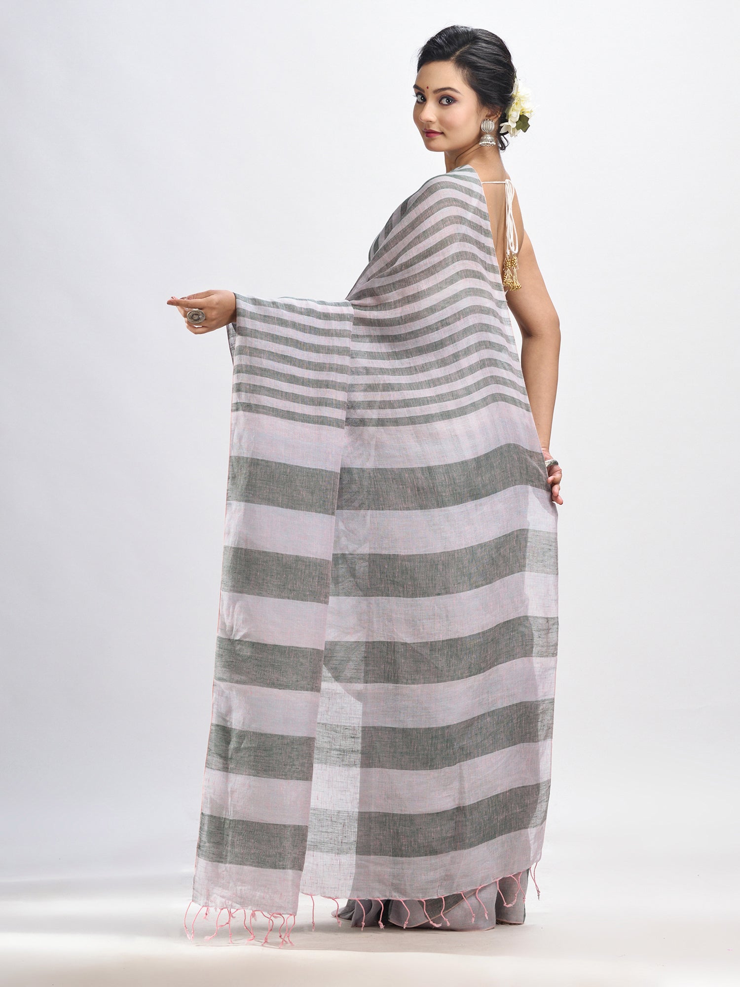 Women's Ash And Light grey Stipe Handwoven linen handloom Saree - Angoshobha