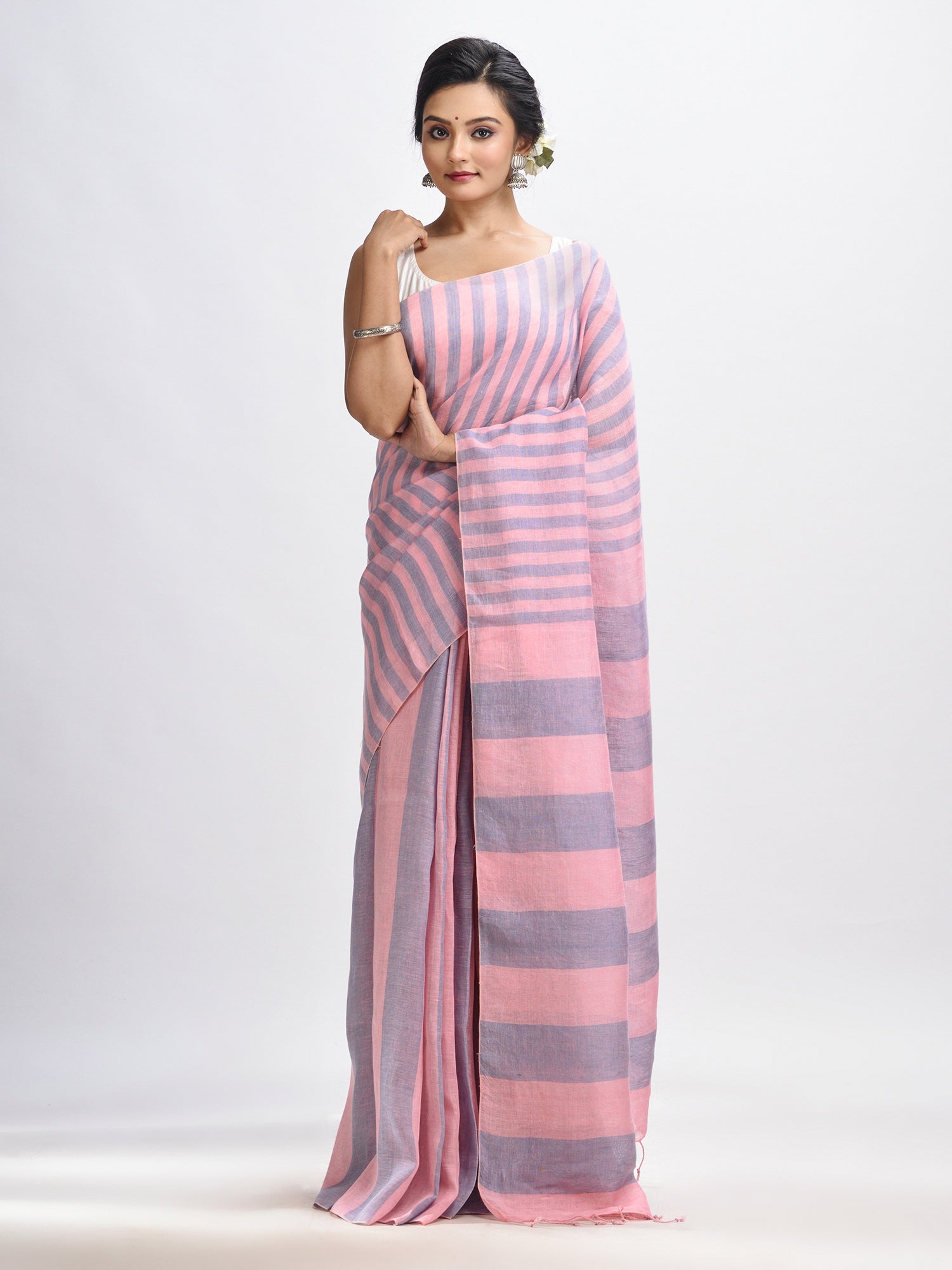 Women's Lemonade pink And Glaucous Stipe Handwoven linen handloom Saree - Angoshobha