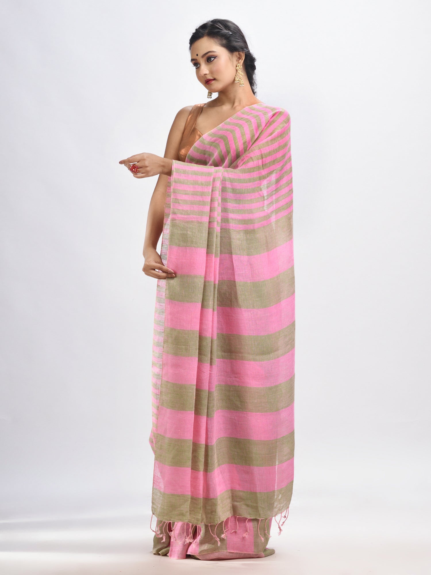 Women's Hillside green And pink Stipe Handwoven linen handloom Saree - Angoshobha