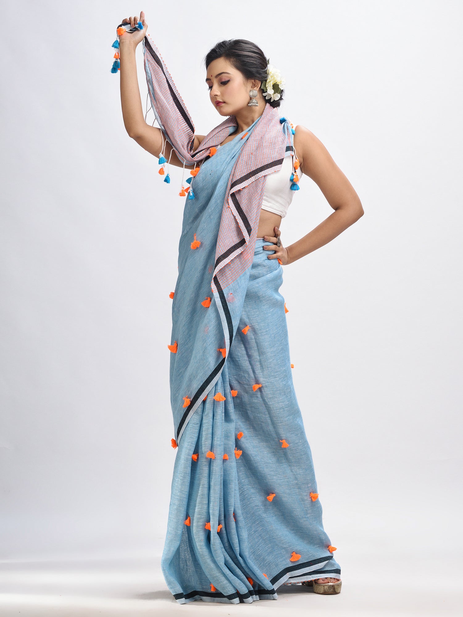 Women's Sky blue linen all body pom pom with pallu stipe handwoven saree - Angoshobha