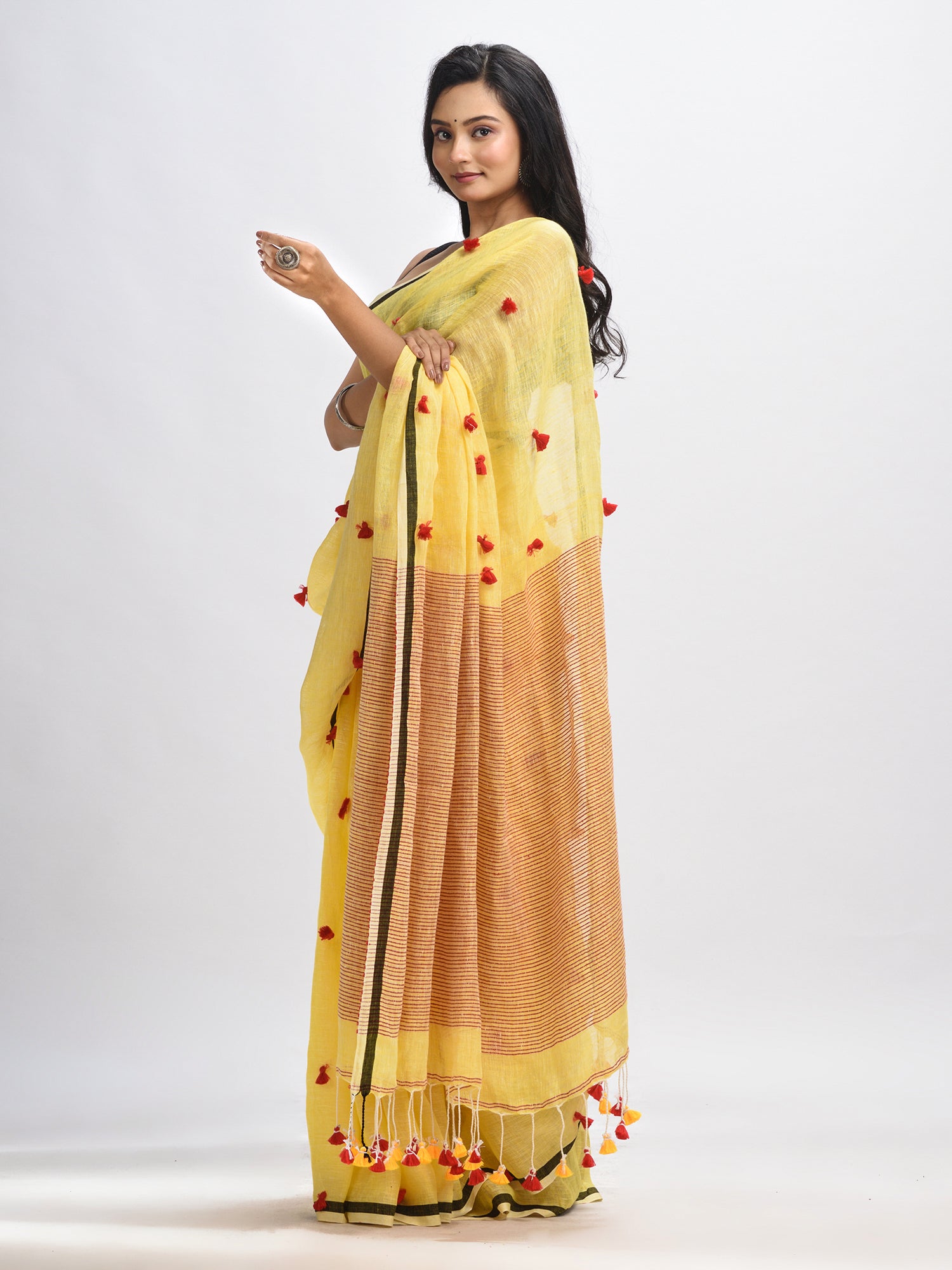 Women's Yellow linen all body pom pom with pallu stipe handwoven saree - Angoshobha