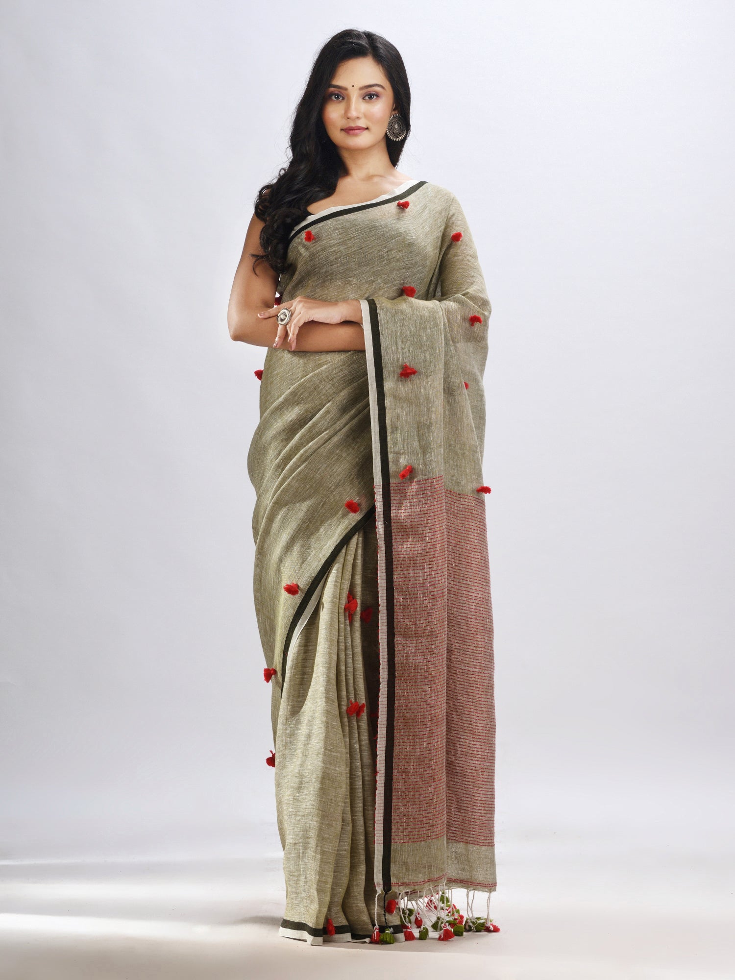 Women's Sege green linen all body pom pom with pallu stipe handwoven saree - Angoshobha
