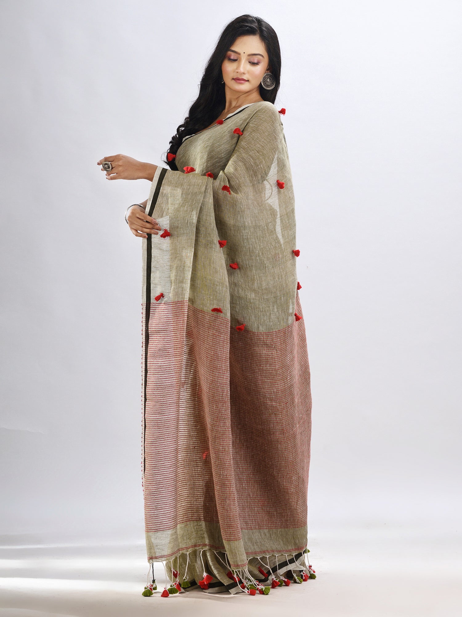 Women's Sege green linen all body pom pom with pallu stipe handwoven saree - Angoshobha