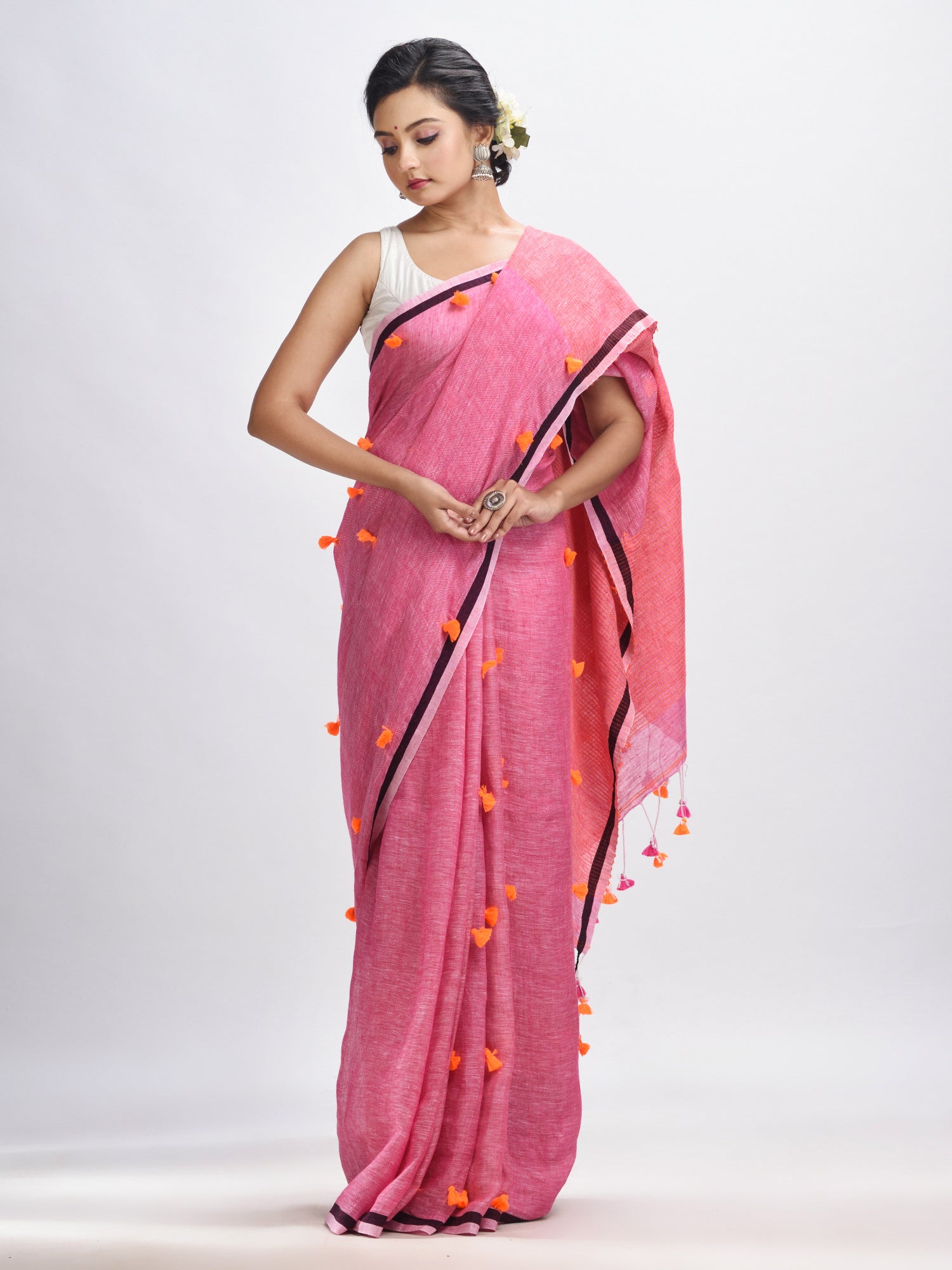 Women's Livid pink linen all body pom pom with pallu stipe handwoven saree - Angoshobha