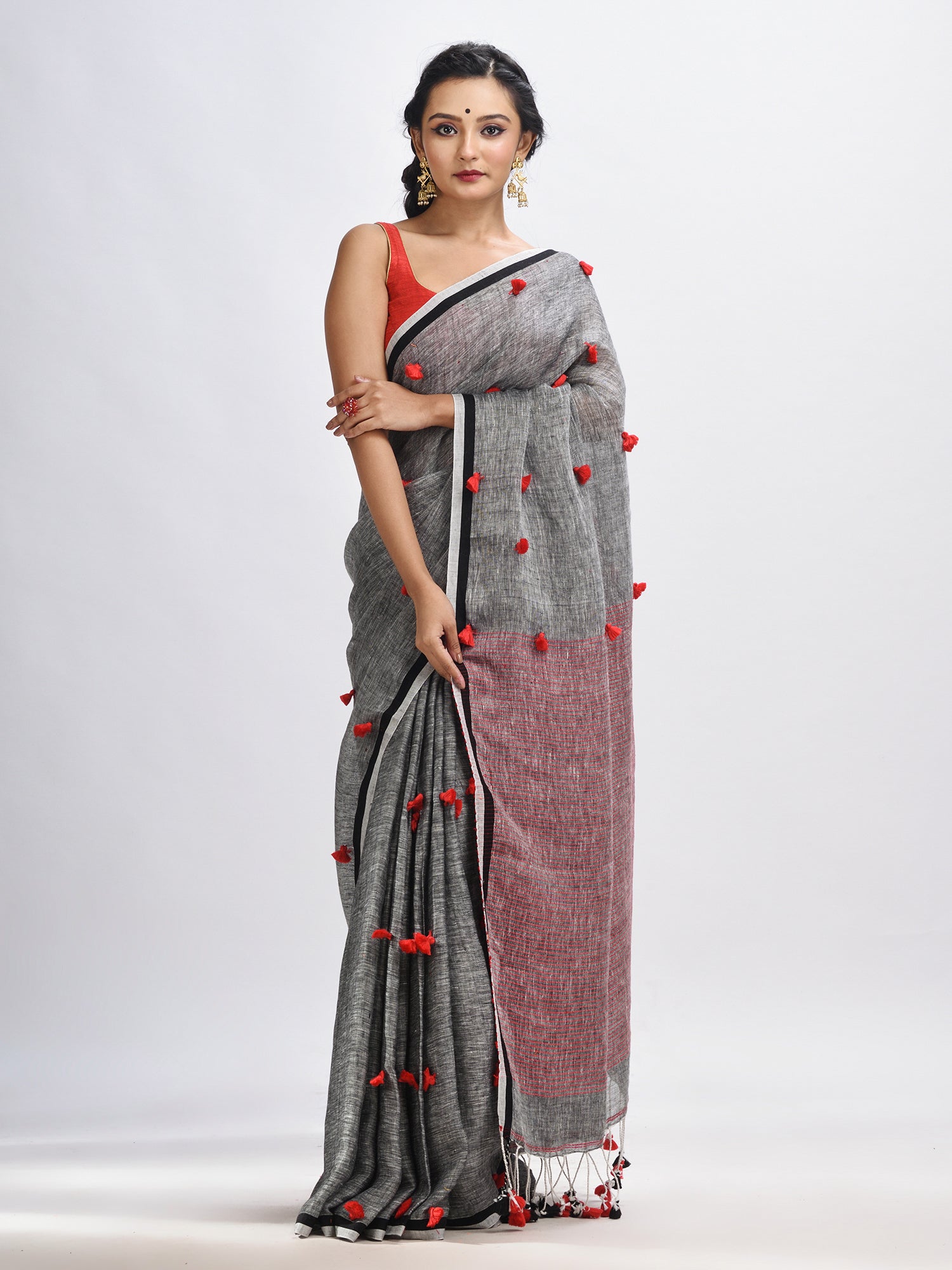 Women's Grey linen all body pom pom with pallu stipe handwoven saree - Angoshobha