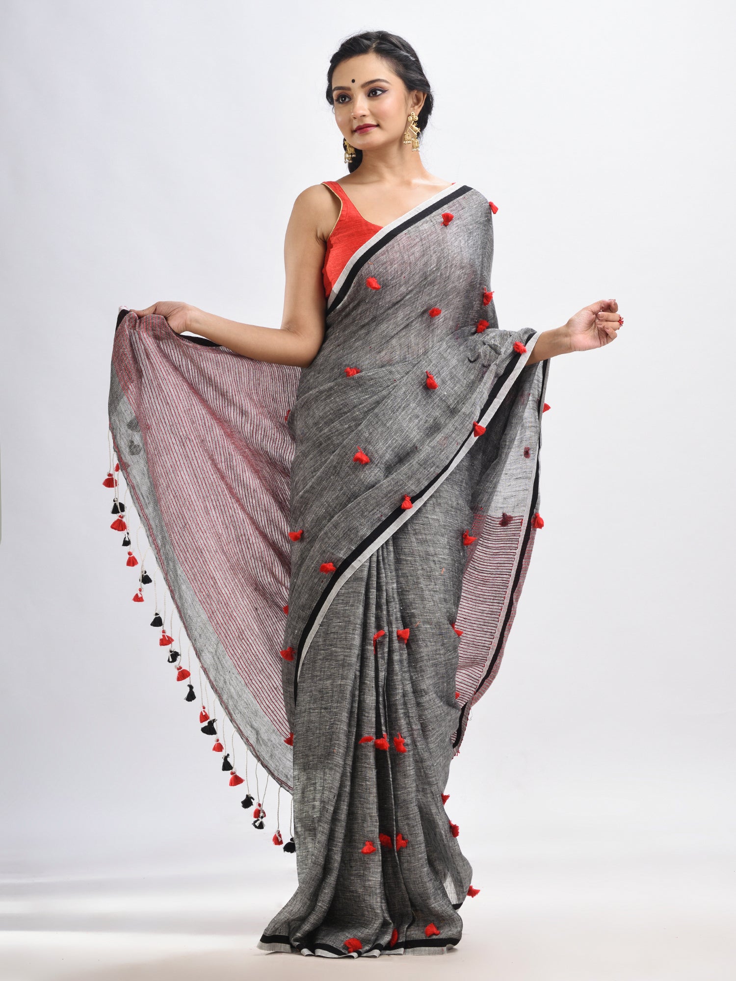 Women's Grey linen all body pom pom with pallu stipe handwoven saree - Angoshobha