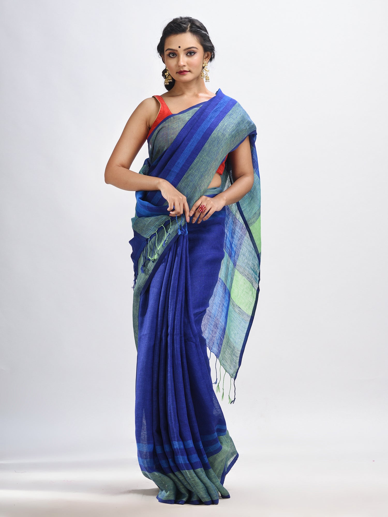 Women's Royal blue linen with pallu stipe handloom saree - Angoshobha