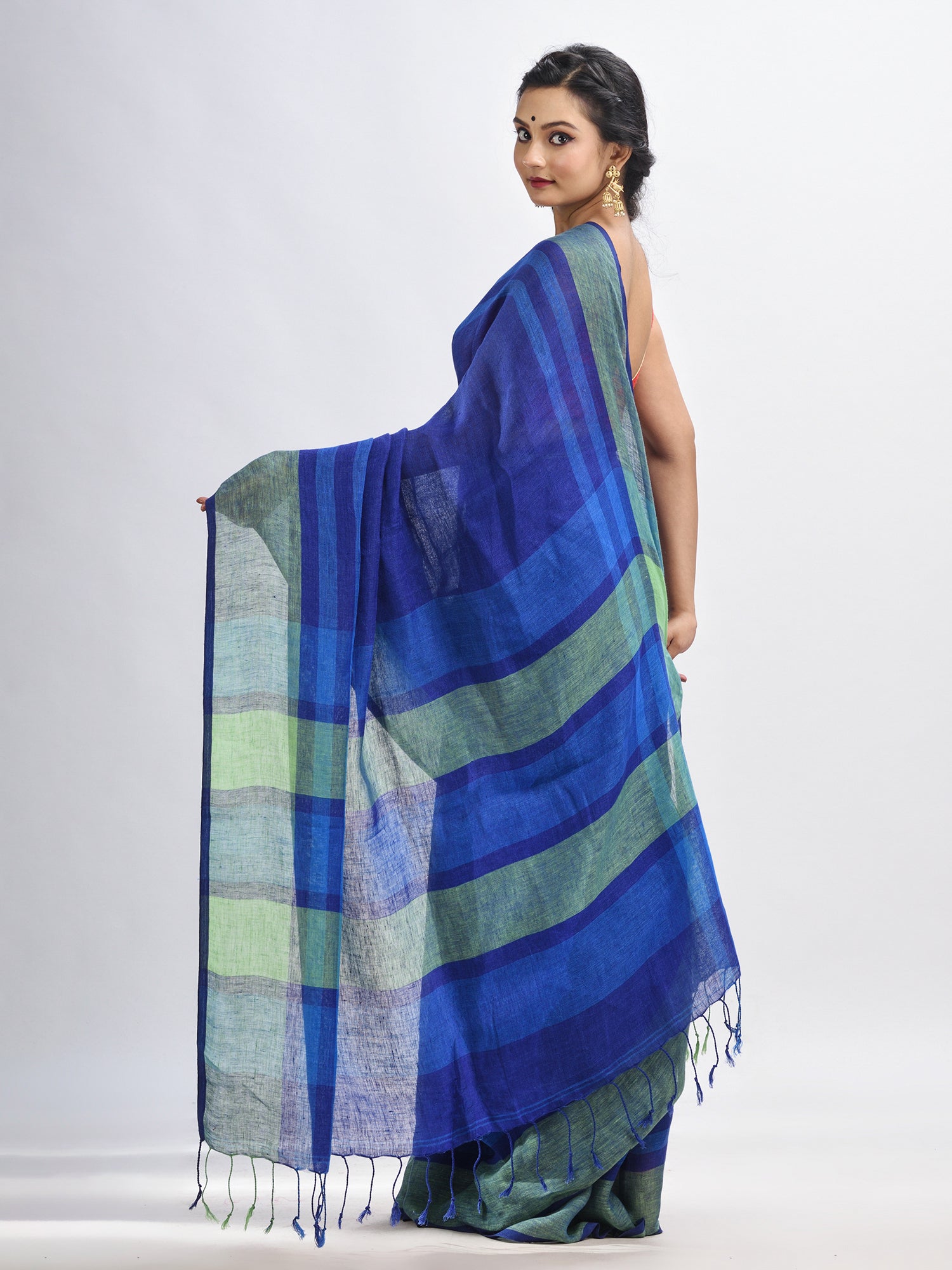 Women's Royal blue linen with pallu stipe handloom saree - Angoshobha
