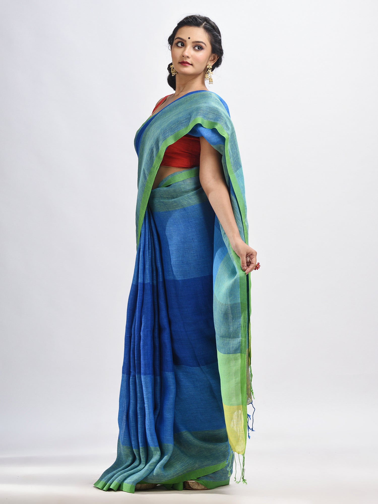 Women's Light blue linen with pallu stipe handloom saree - Angoshobha