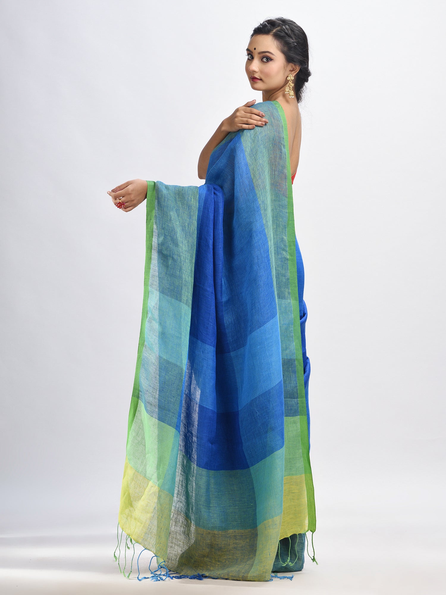Women's Light blue linen with pallu stipe handloom saree - Angoshobha