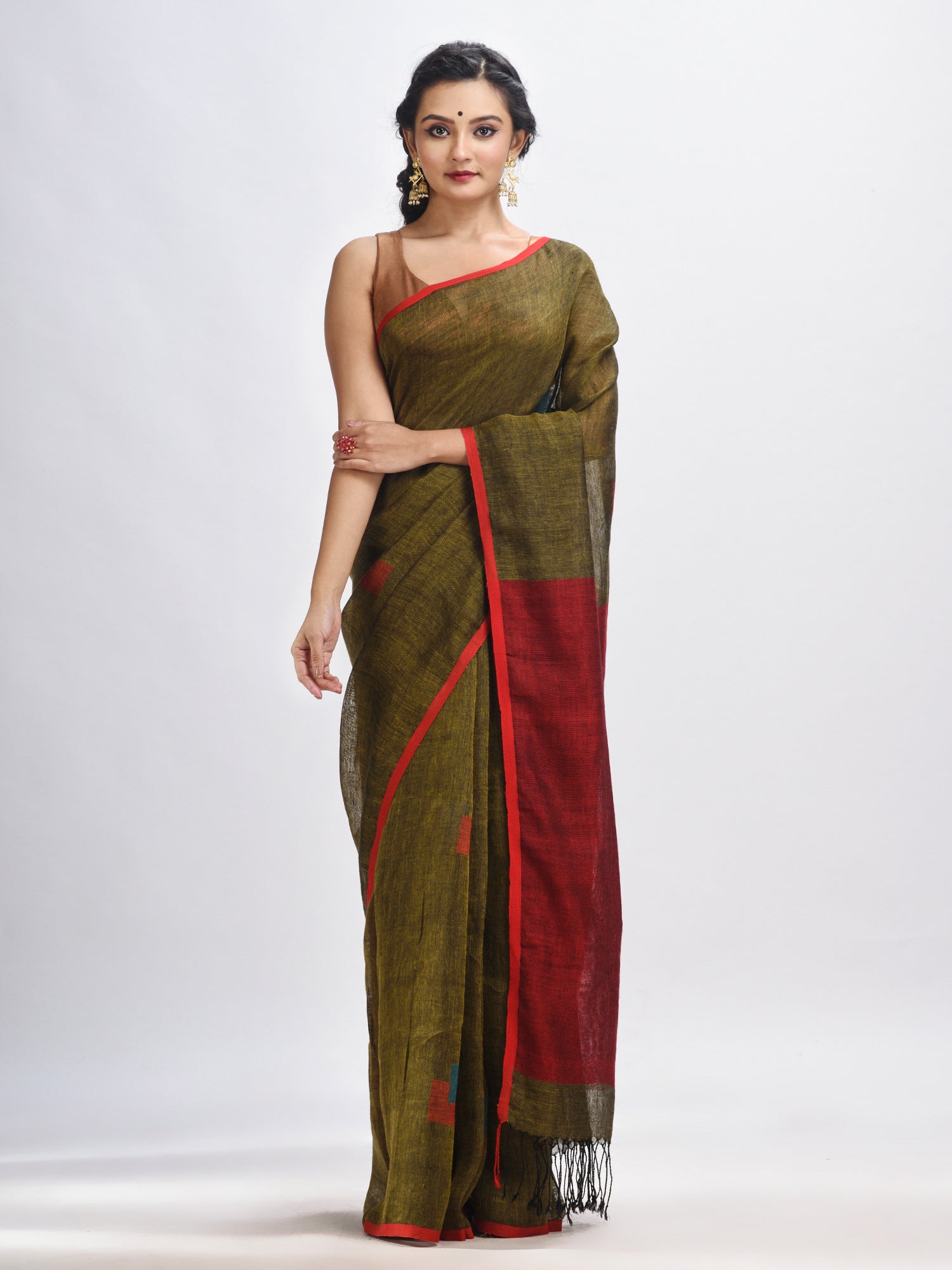Women's Olive green linen all body buti jamdani saree - Angoshobha