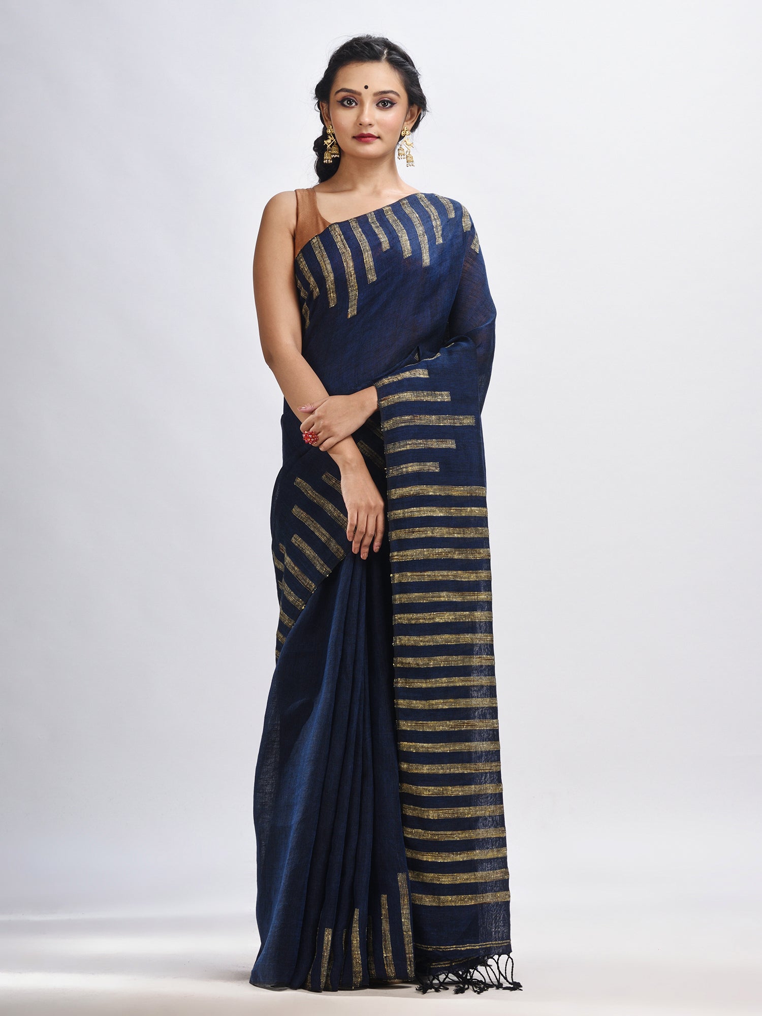 Women's Nevy blue linen harmonium design handloom saree - Angoshobha