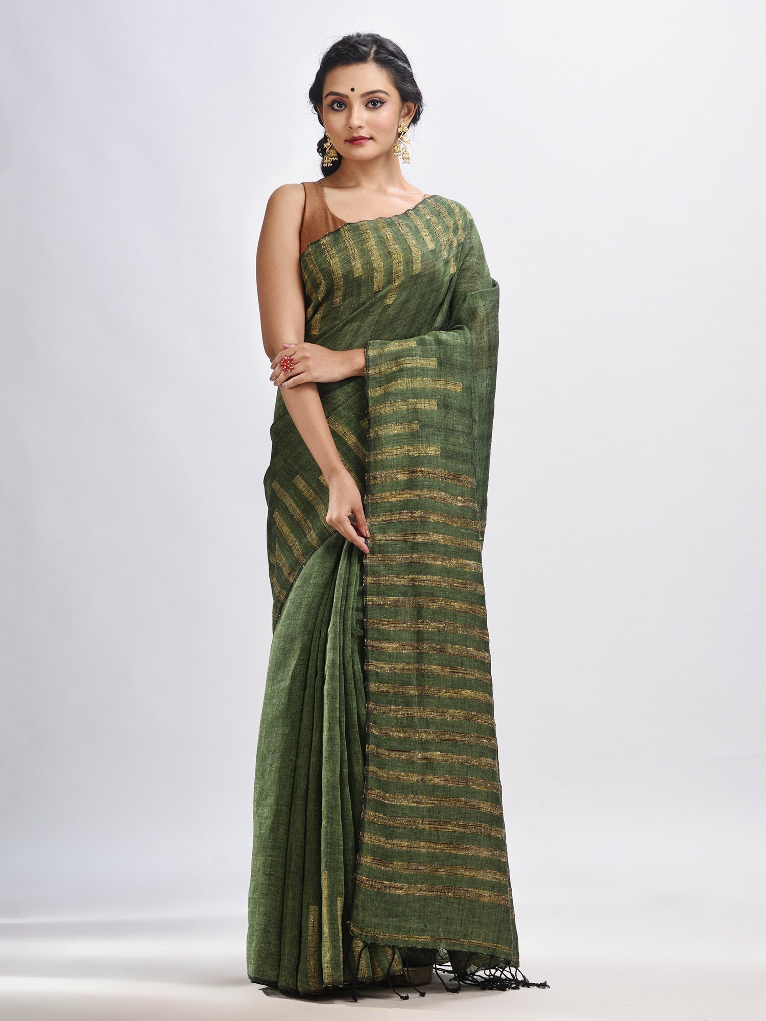 Women's Gorillaz green linen harmonium design handloom saree - Angoshobha