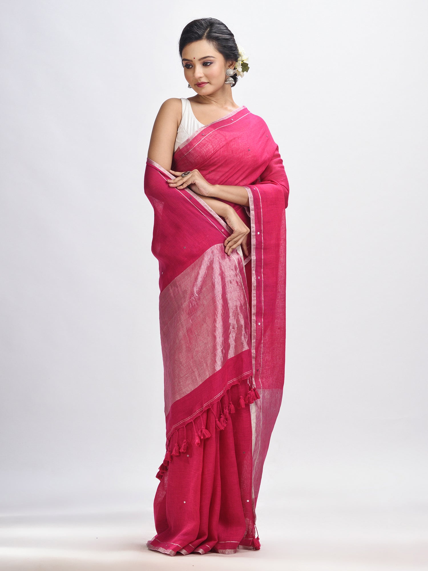 Women's Deep pink linen all body cumki in pallu zori handloom saree - Angoshobha