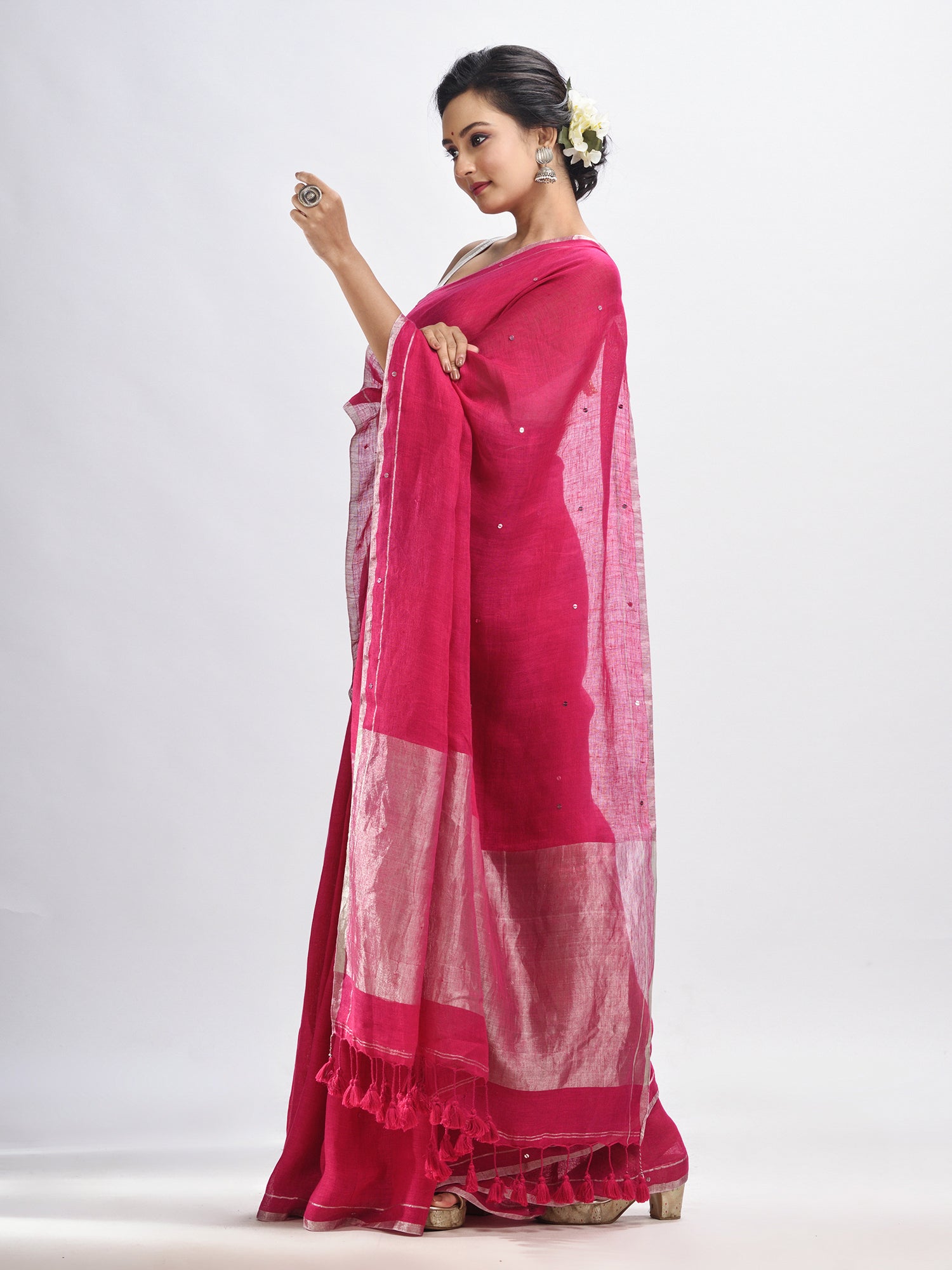 Women's Deep pink linen all body cumki in pallu zori handloom saree - Angoshobha