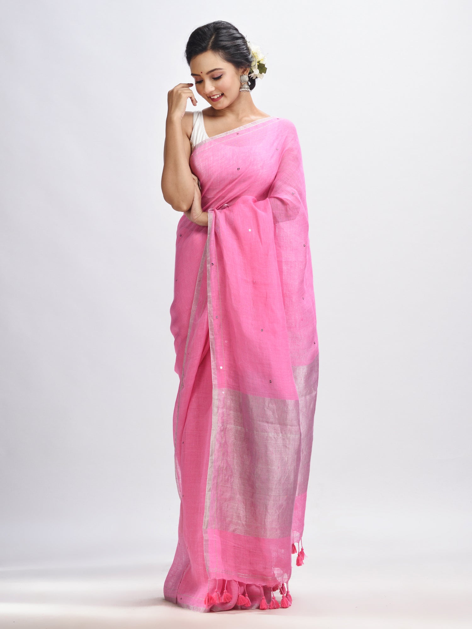 Women's Taffy pink linen all body cumki in pallu zori handloom saree - Angoshobha
