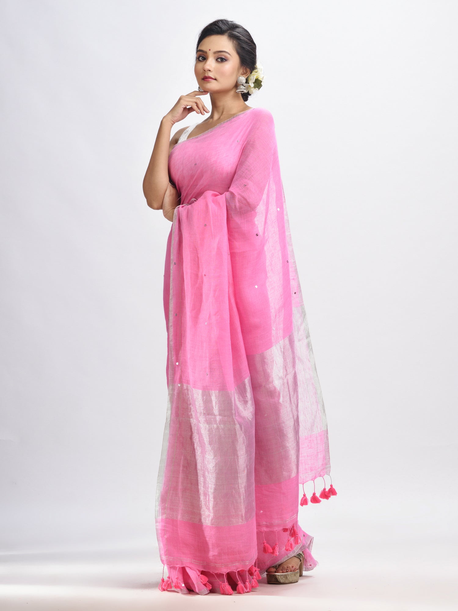 Women's Taffy pink linen all body cumki in pallu zori handloom saree - Angoshobha