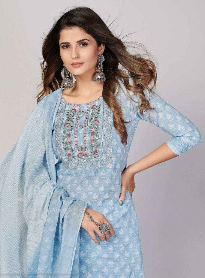 Women's Printed & Embroidered Straight Cotton Sky Blue Stitched Kurta Pant With Dupatta (3Pcs Set) - Vbuyz