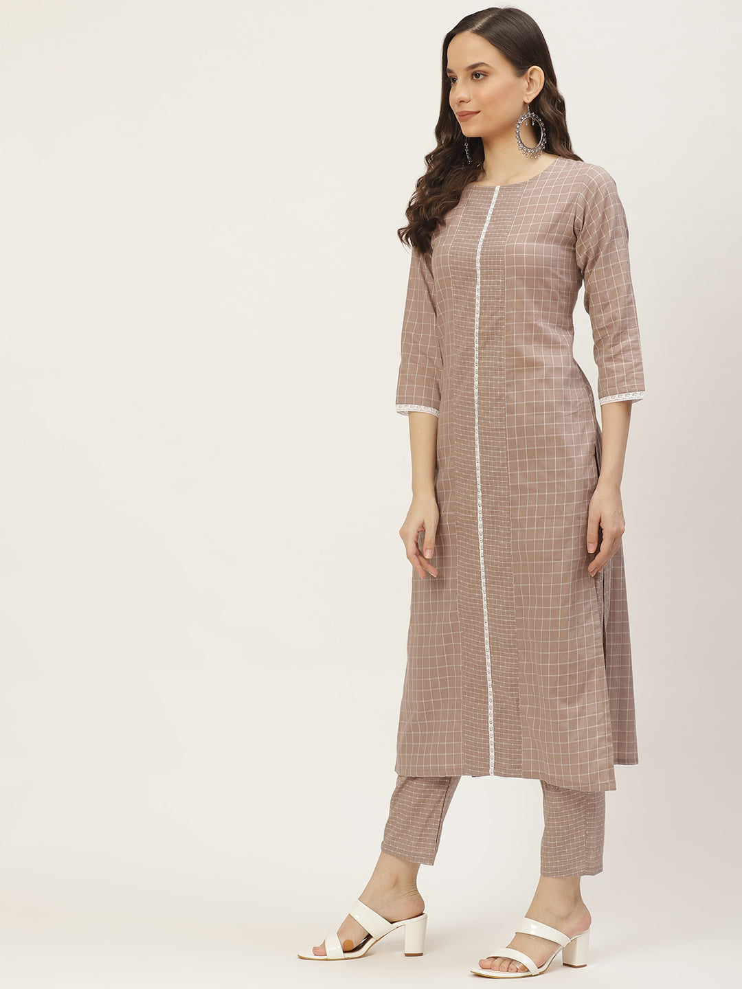 Women's Grey Color Cotton Blend Checked Striped Straight Kurta Pant Set - VAABA