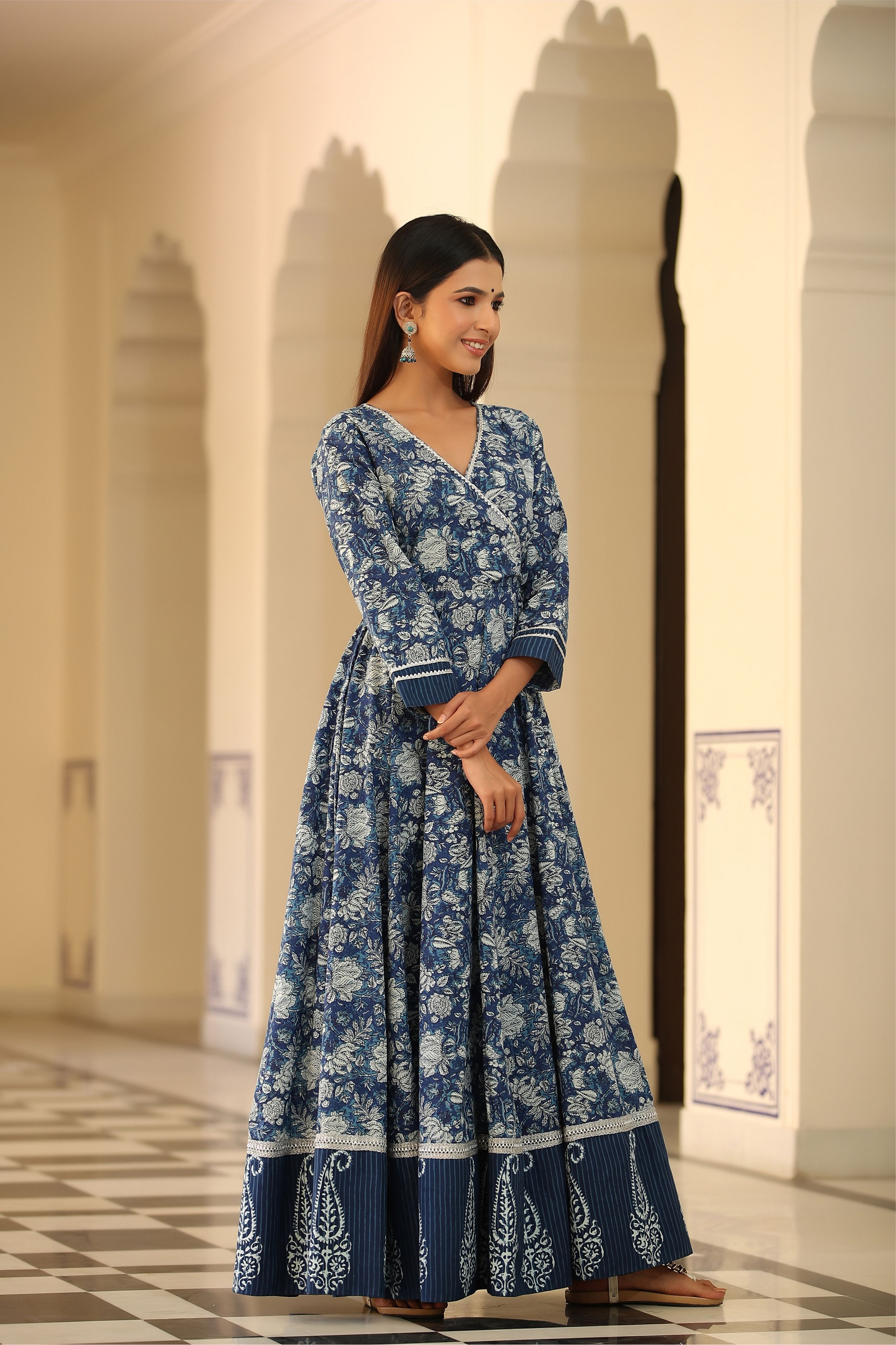 Women's Floral Indigo Angrakha Kalidar Dress-Gillori