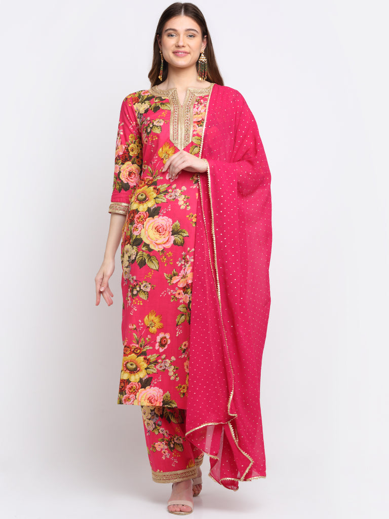 Women's Pink Floral Kurti With Straight Palazzo And Foil Dupatta