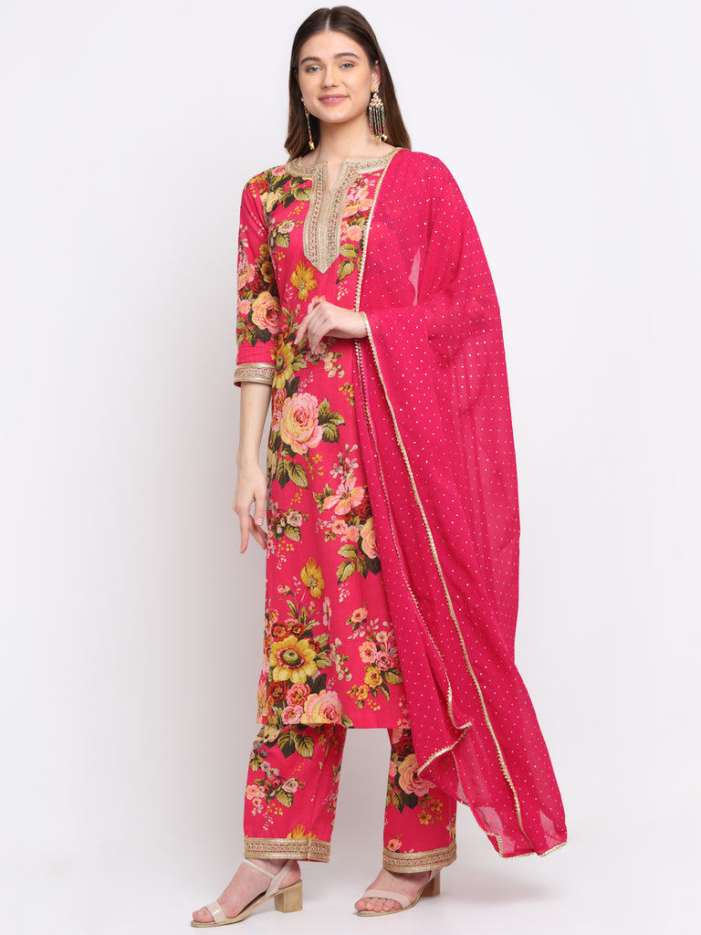 Women's Pink Floral Kurti With Straight Palazzo And Foil Dupatta