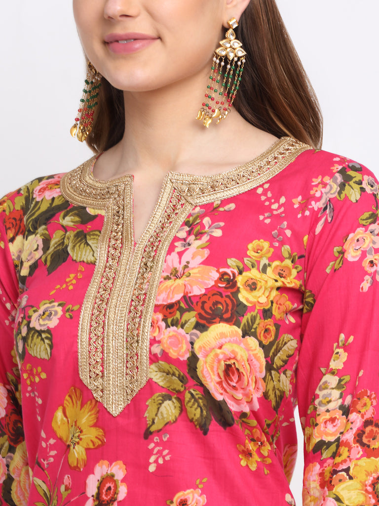 Women's Pink Floral Kurti With Straight Palazzo And Foil Dupatta