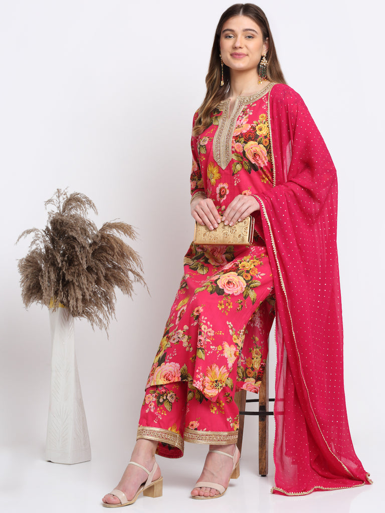 Women's Pink Floral Kurti With Straight Palazzo And Foil Dupatta