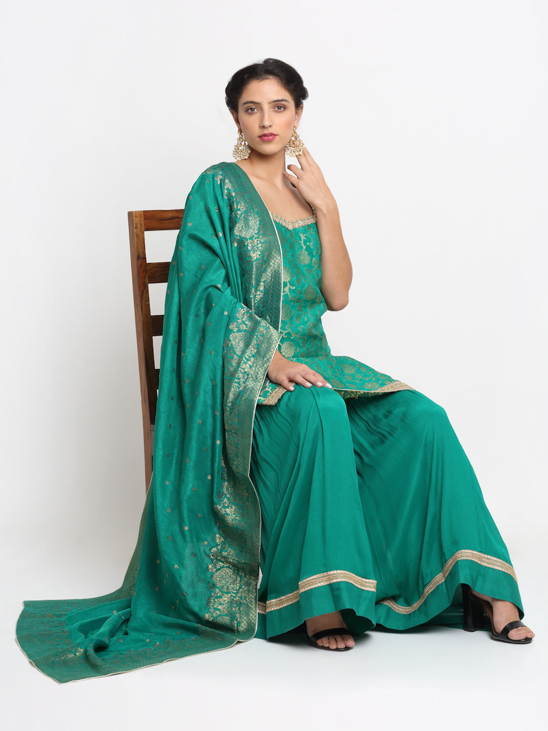 Women's Regal Green Brocade Kurti With Gathered Sharara And Banarasi Silk Dupatta - Anokherang