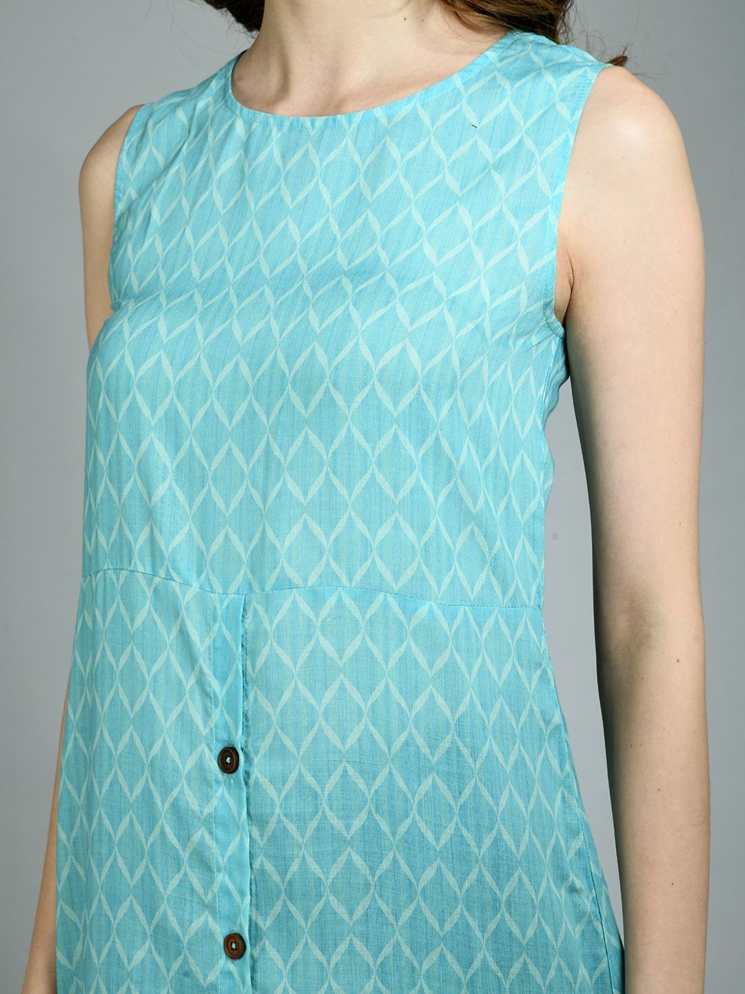 Women's Blue Poly Cotton Printed Sleeveless Round Neck Casual Dress - Myshka