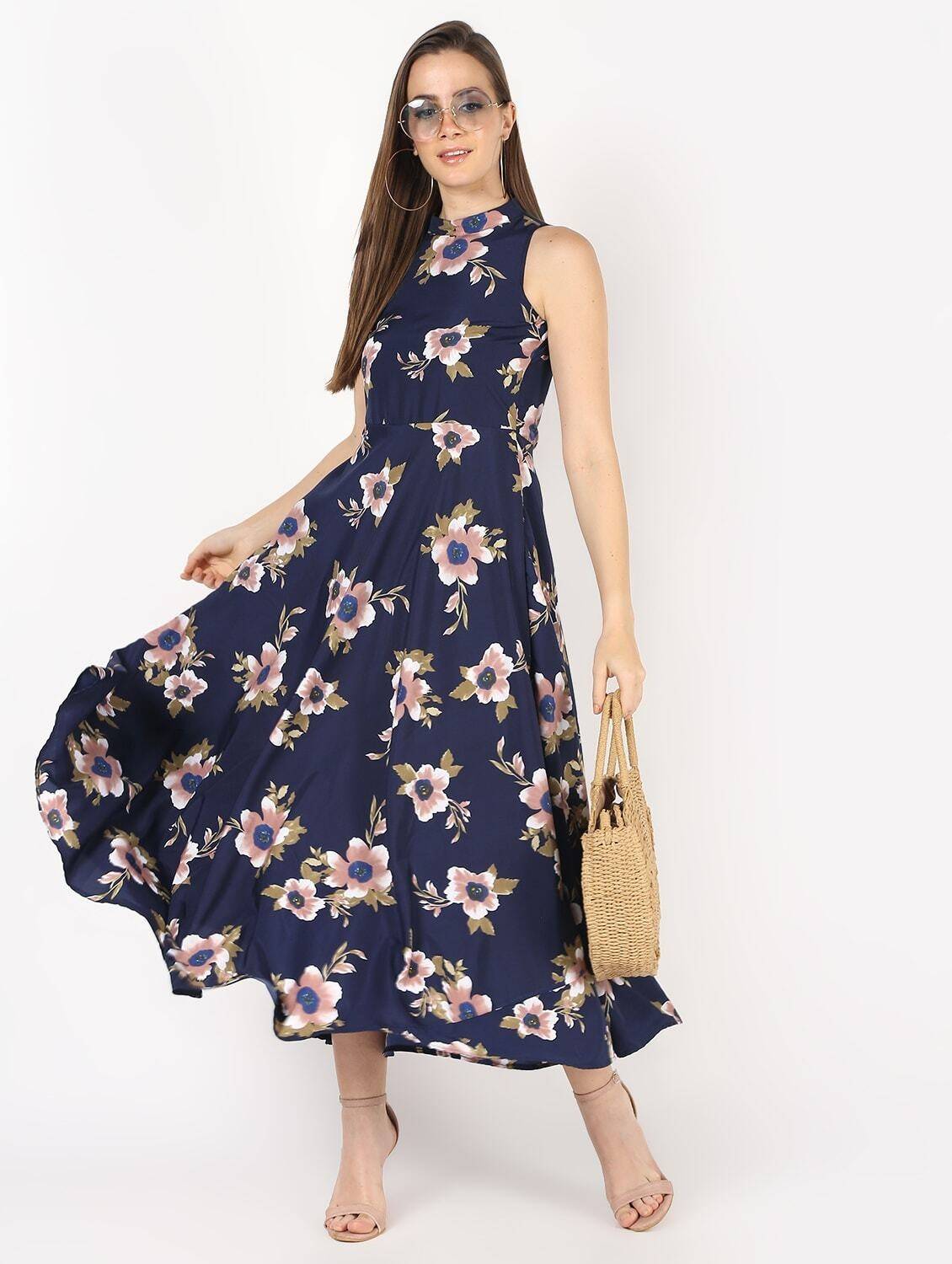 Women's Navy Blue Floral Printed Flair With Drawstring Party Dress - Cheera