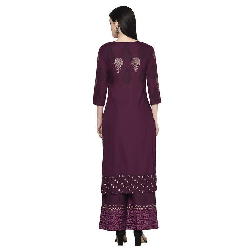 Women's Wine Rayon Block print straight kurta Palzzo set