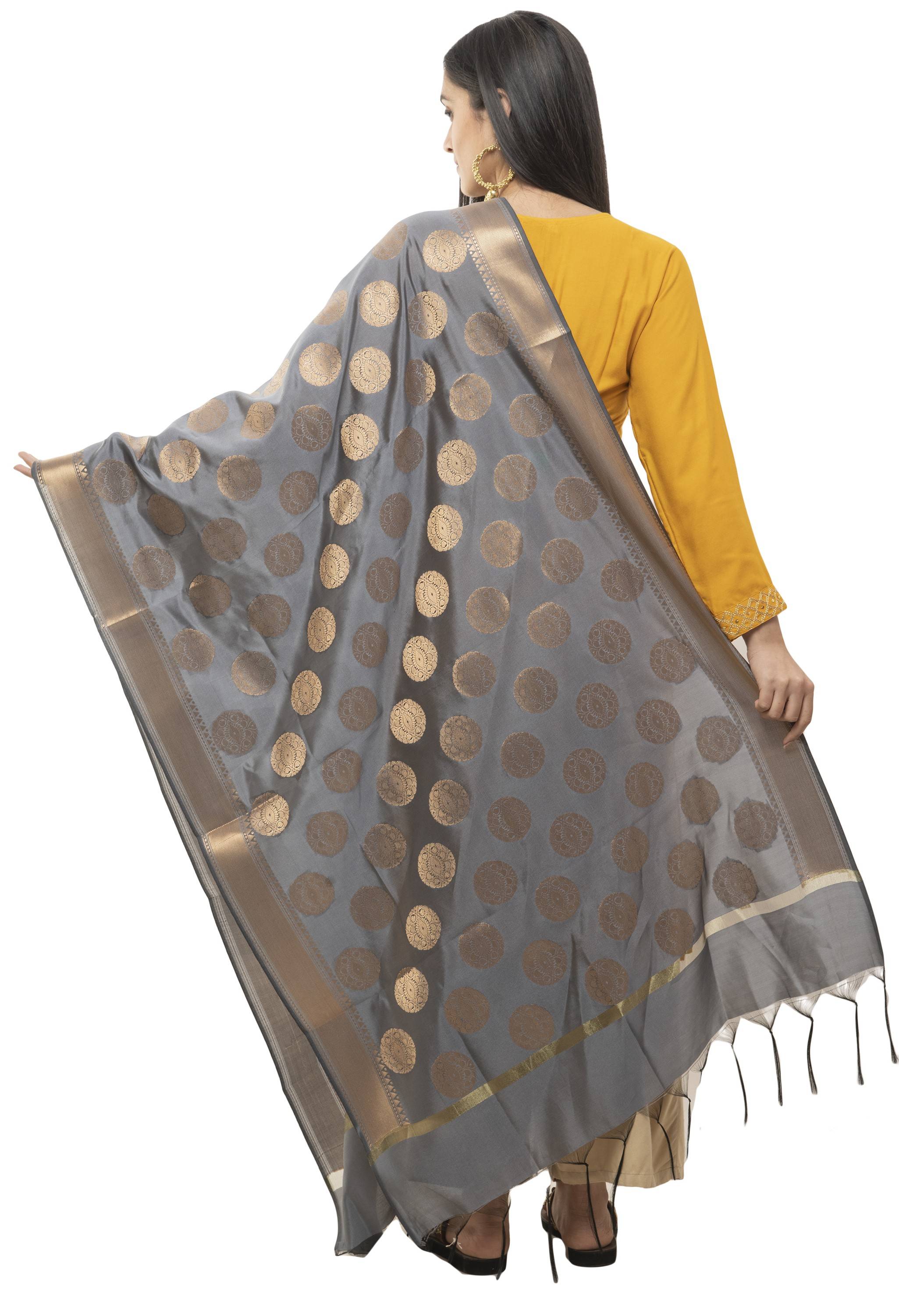 A R Silk Women's Tapeta Silk Zari Work Dark Grey Banarsi Silk Dupatta ARS0404