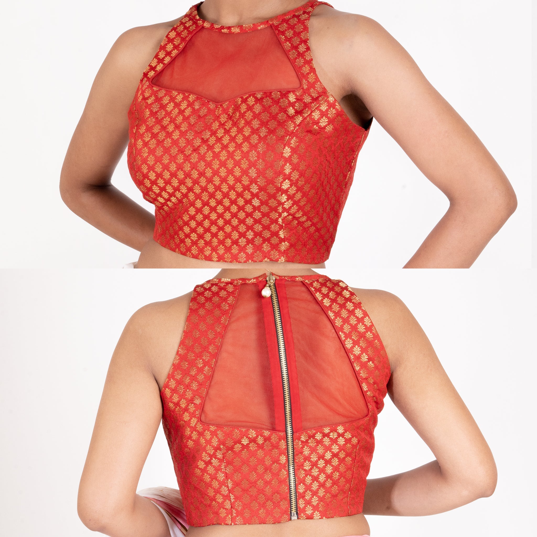 Women's Red Brocade Halter Neck Padded Blouse With Net Detailing And Back Zip - Boveee