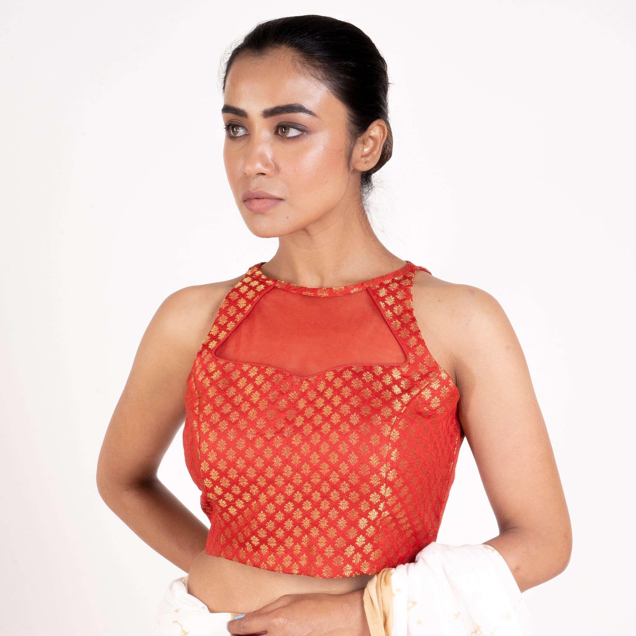 Women's Red Brocade Halter Neck Padded Blouse With Net Detailing And Back Zip - Boveee