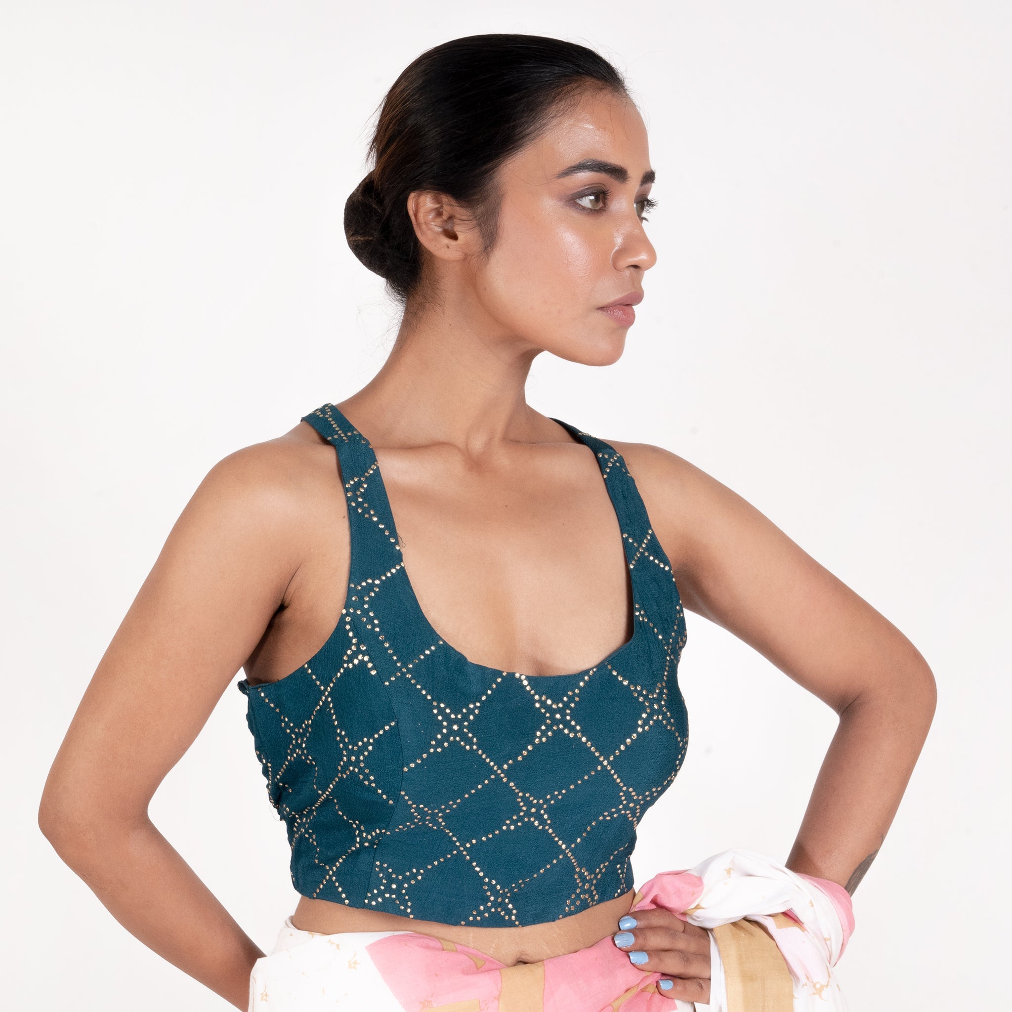 Women's Teal Faux Mukaish Crepe Padded Blouse With Back String Design - Boveee
