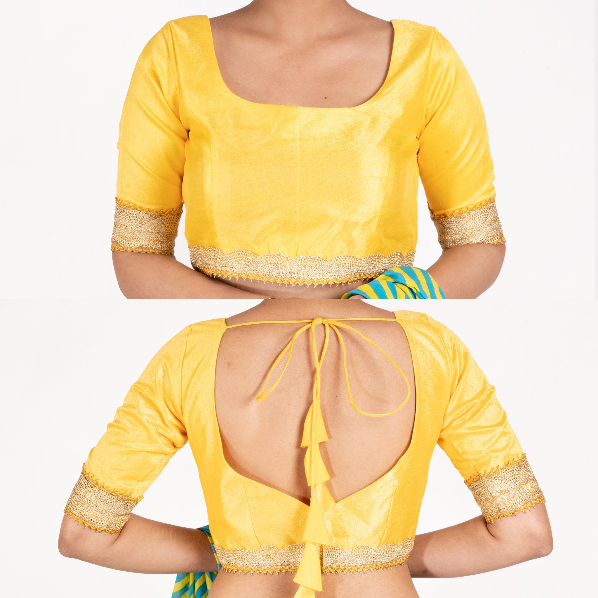 Women's Yellow Rawsilk Padded Blouse With Golden Lace Detailing - Boveee