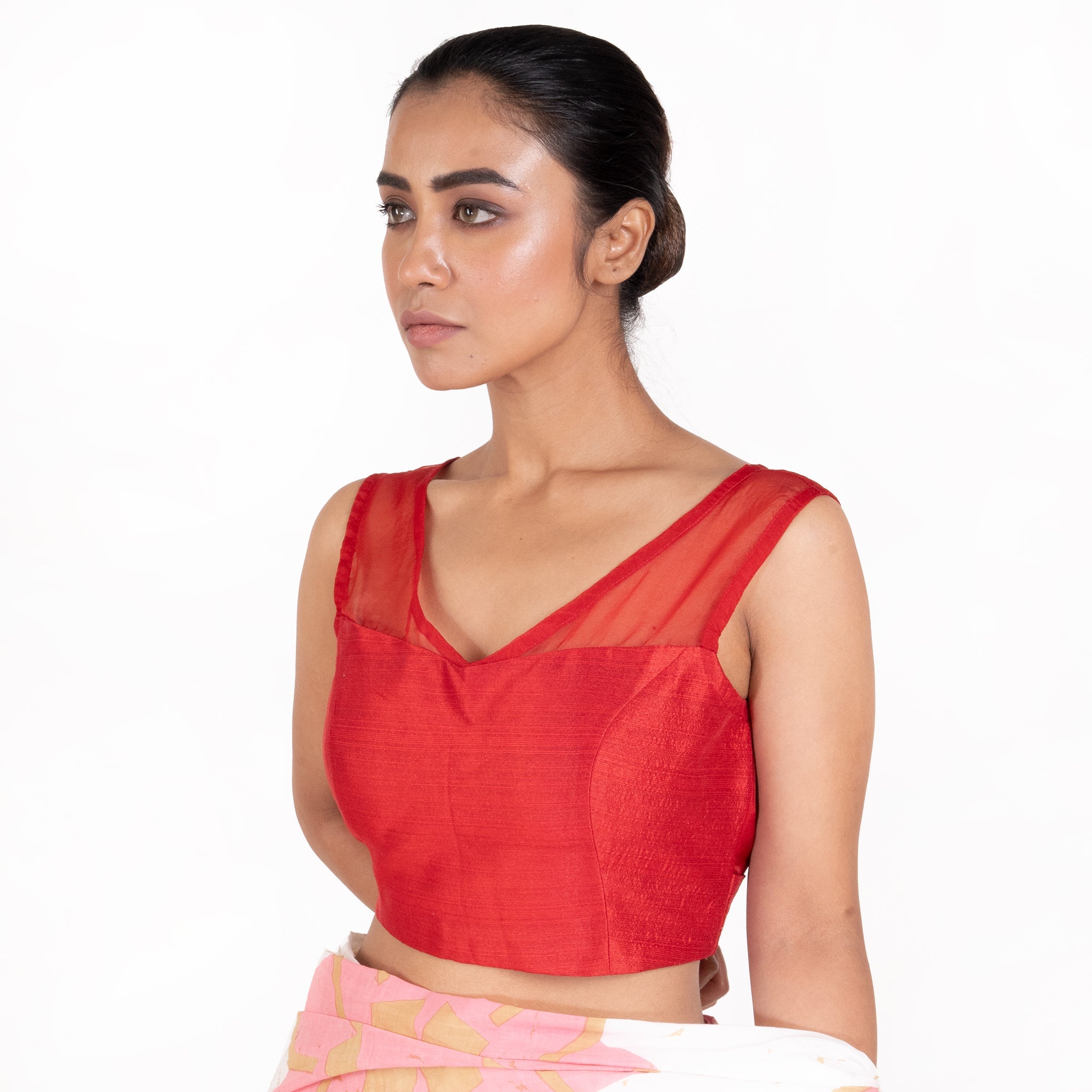 Women's Red Rawsilk Padded Blouse With Sheer Organza Detailing - Boveee
