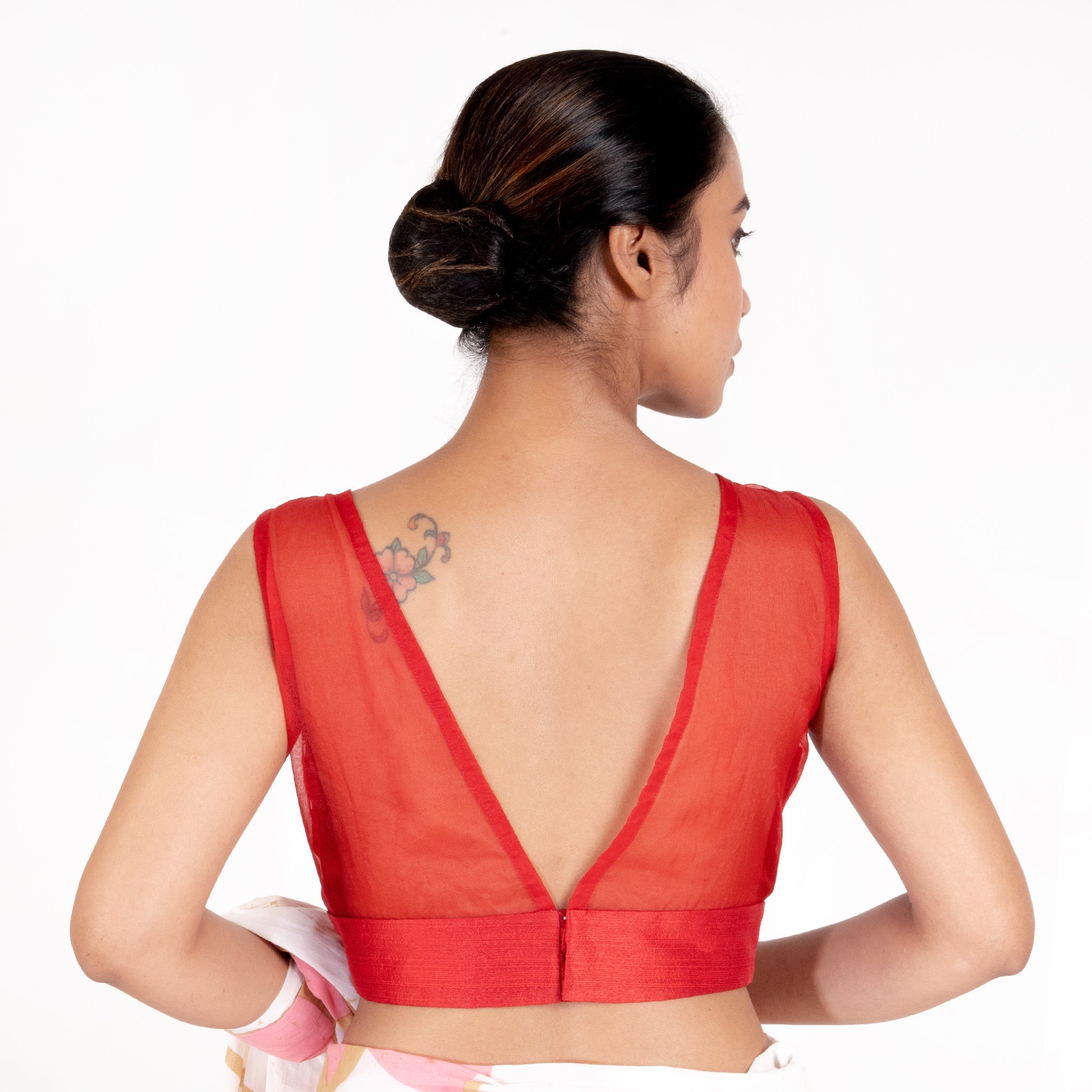 Women's Red Rawsilk Padded Blouse With Sheer Organza Detailing - Boveee