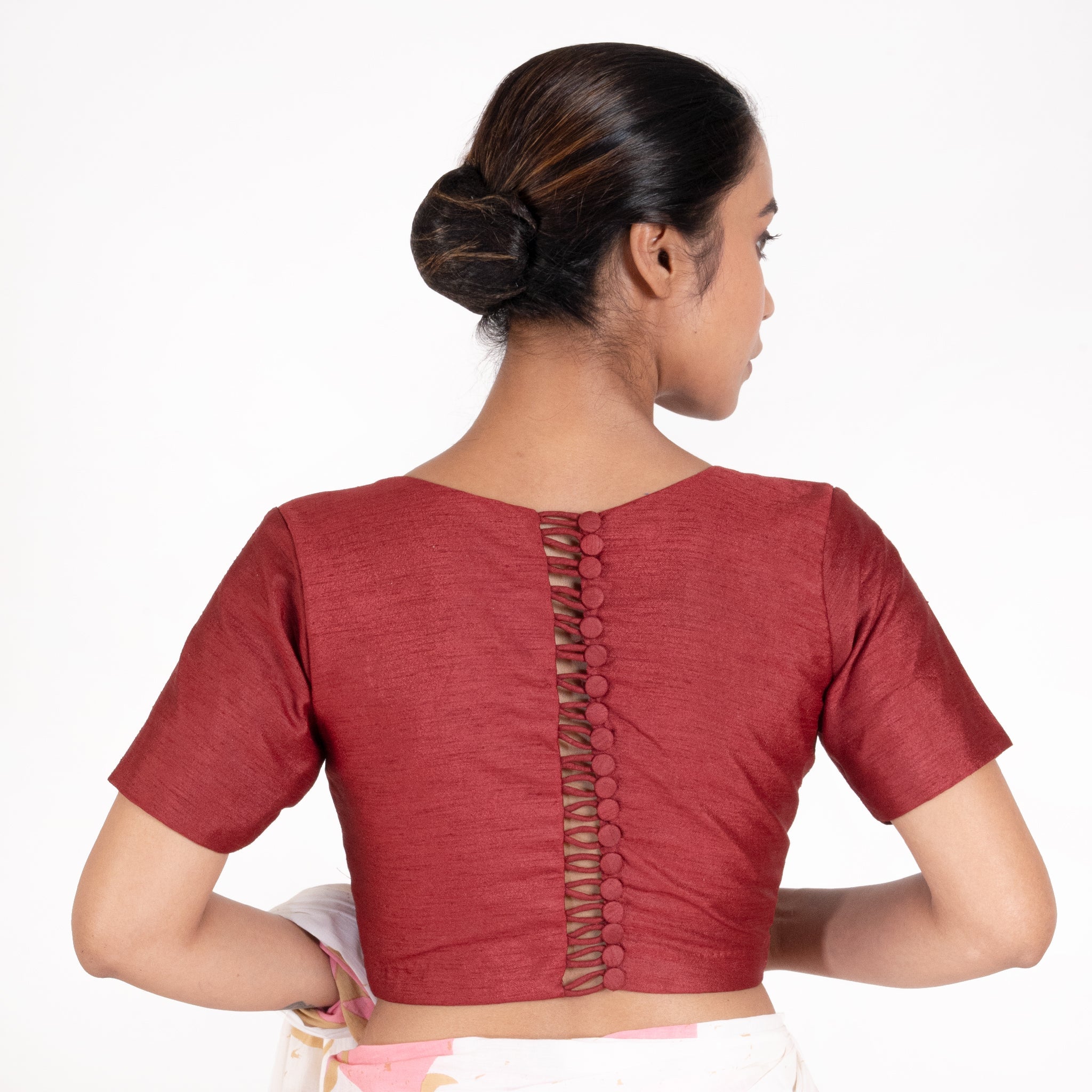 Women's Maroon Rawsilk Padded Blouse With Back Design - Boveee