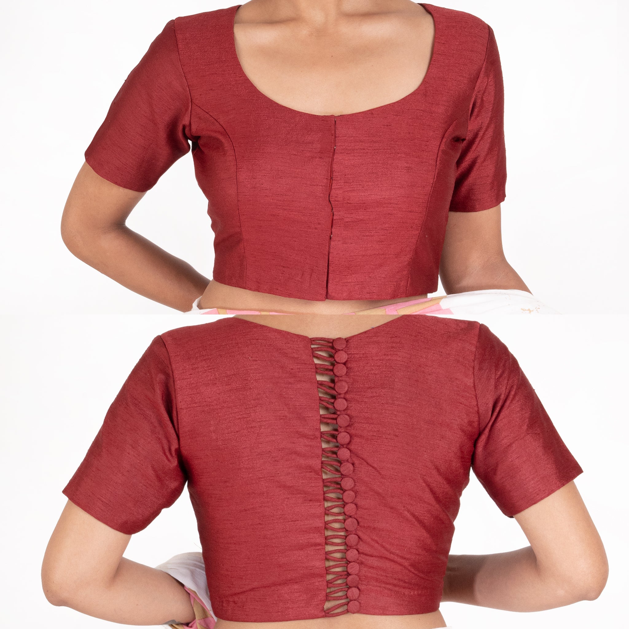 Women's Maroon Rawsilk Padded Blouse With Back Design - Boveee