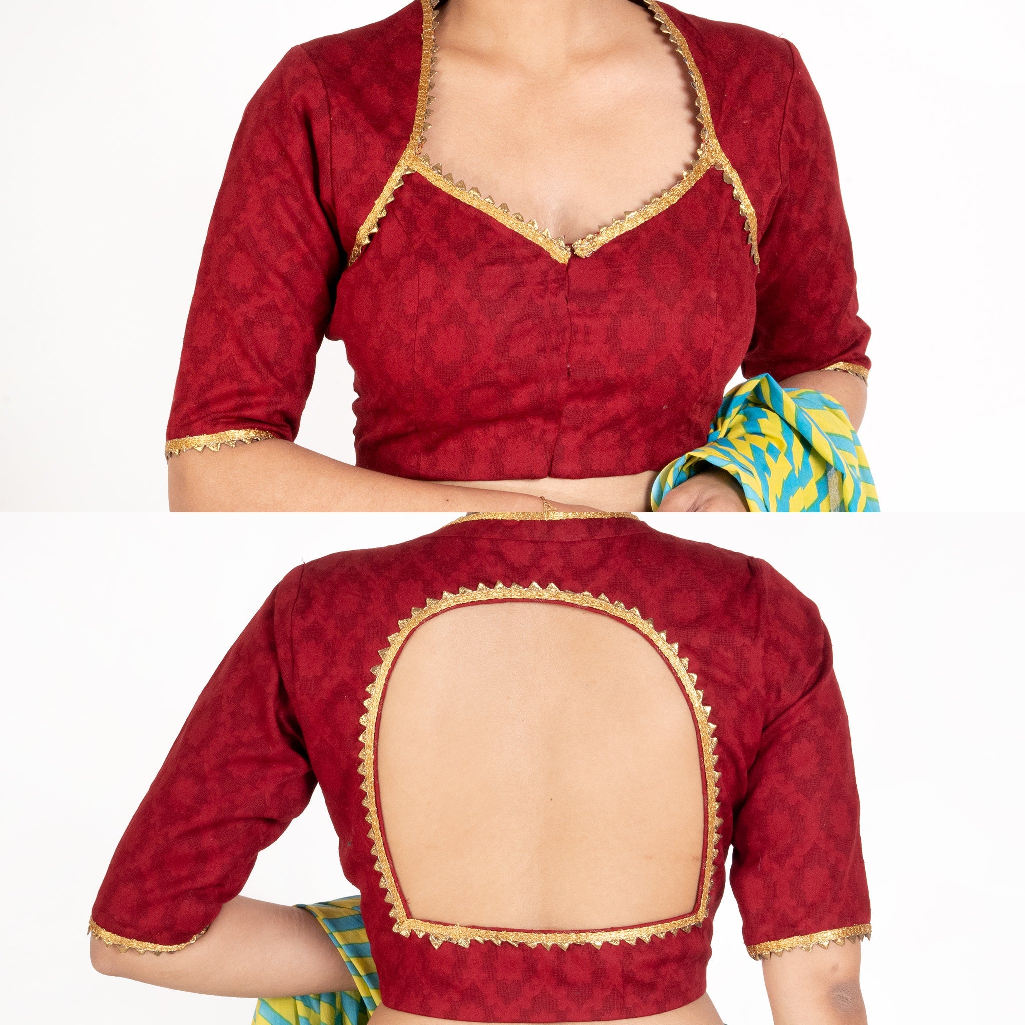 Women's Maroon Cotton Padded Blouse With Lace Details - Boveee