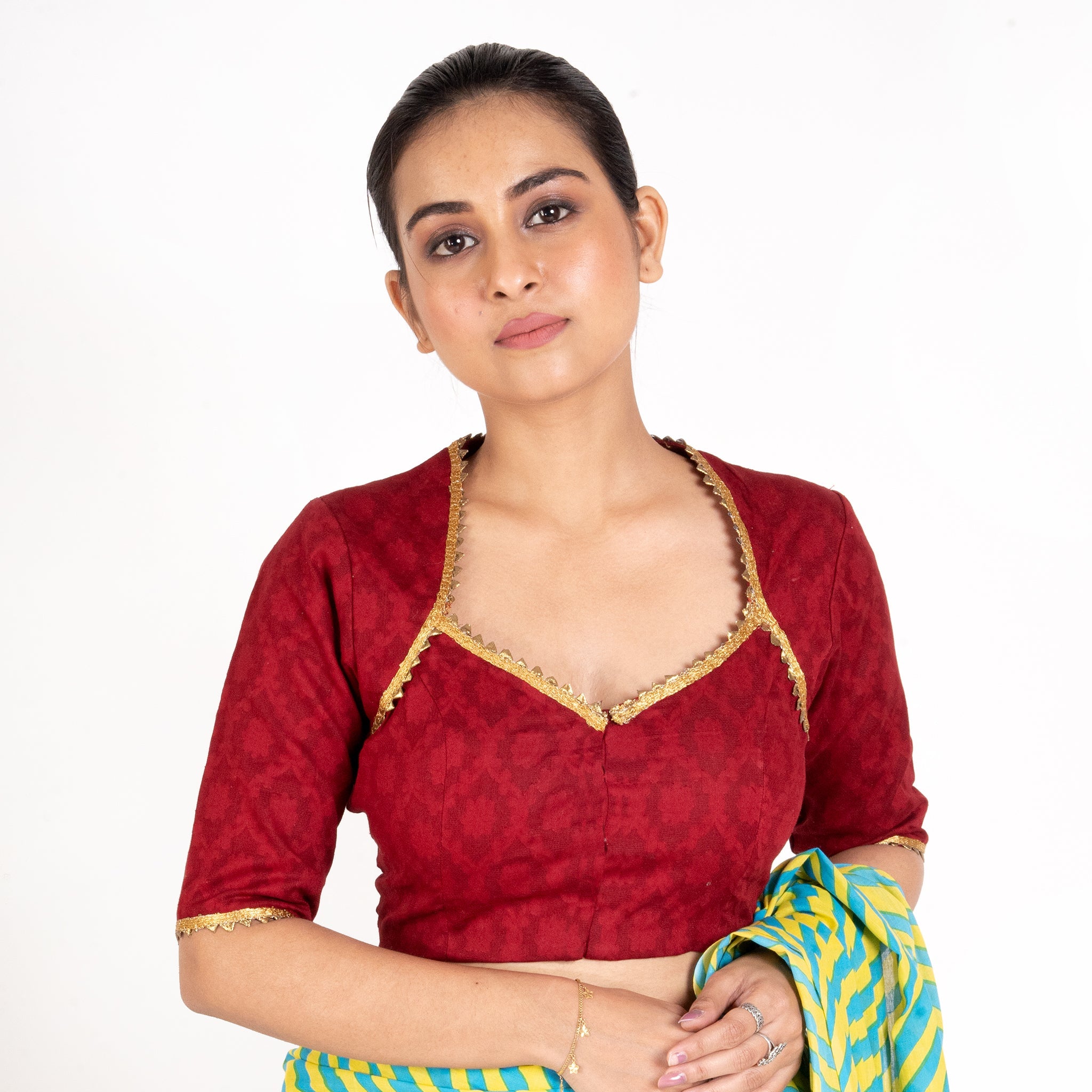 Women's Maroon Cotton Padded Blouse With Lace Details - Boveee