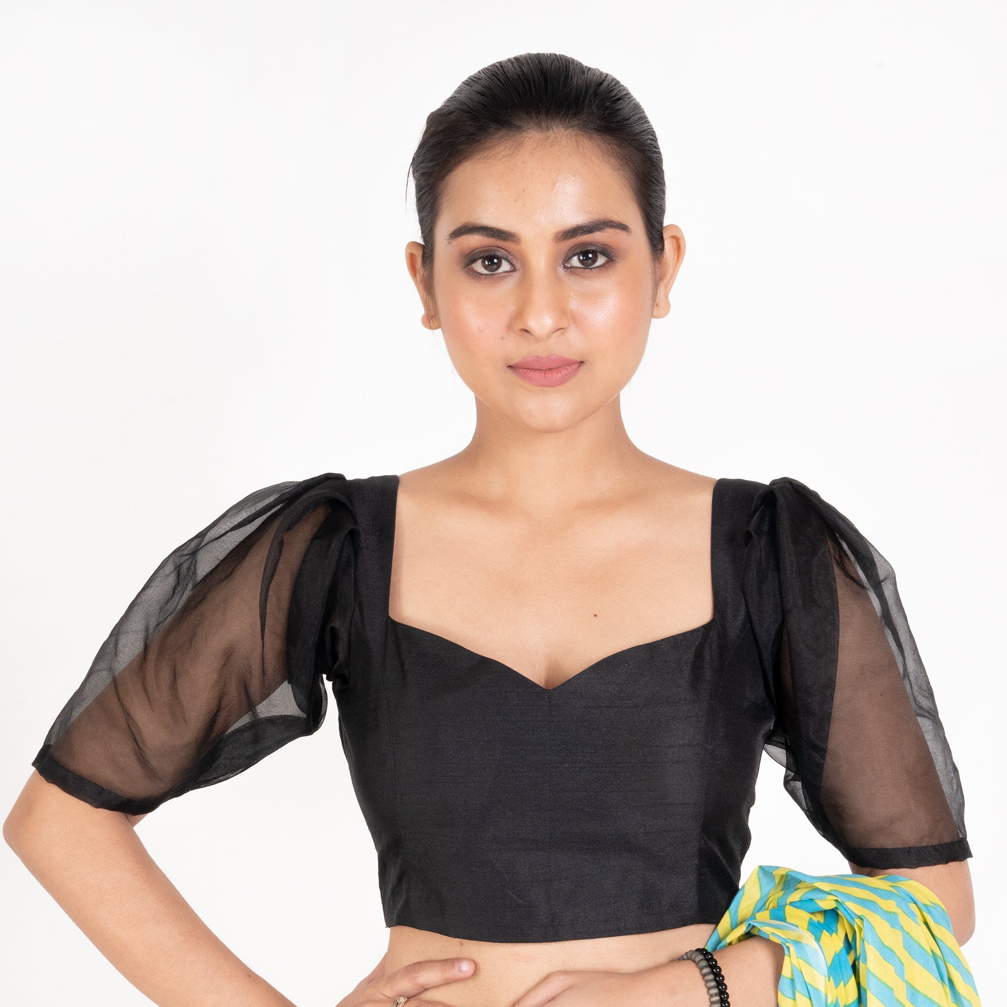 Women's Black Raw Silk Padded Blouse With Puff Organza Sleeves - Boveee