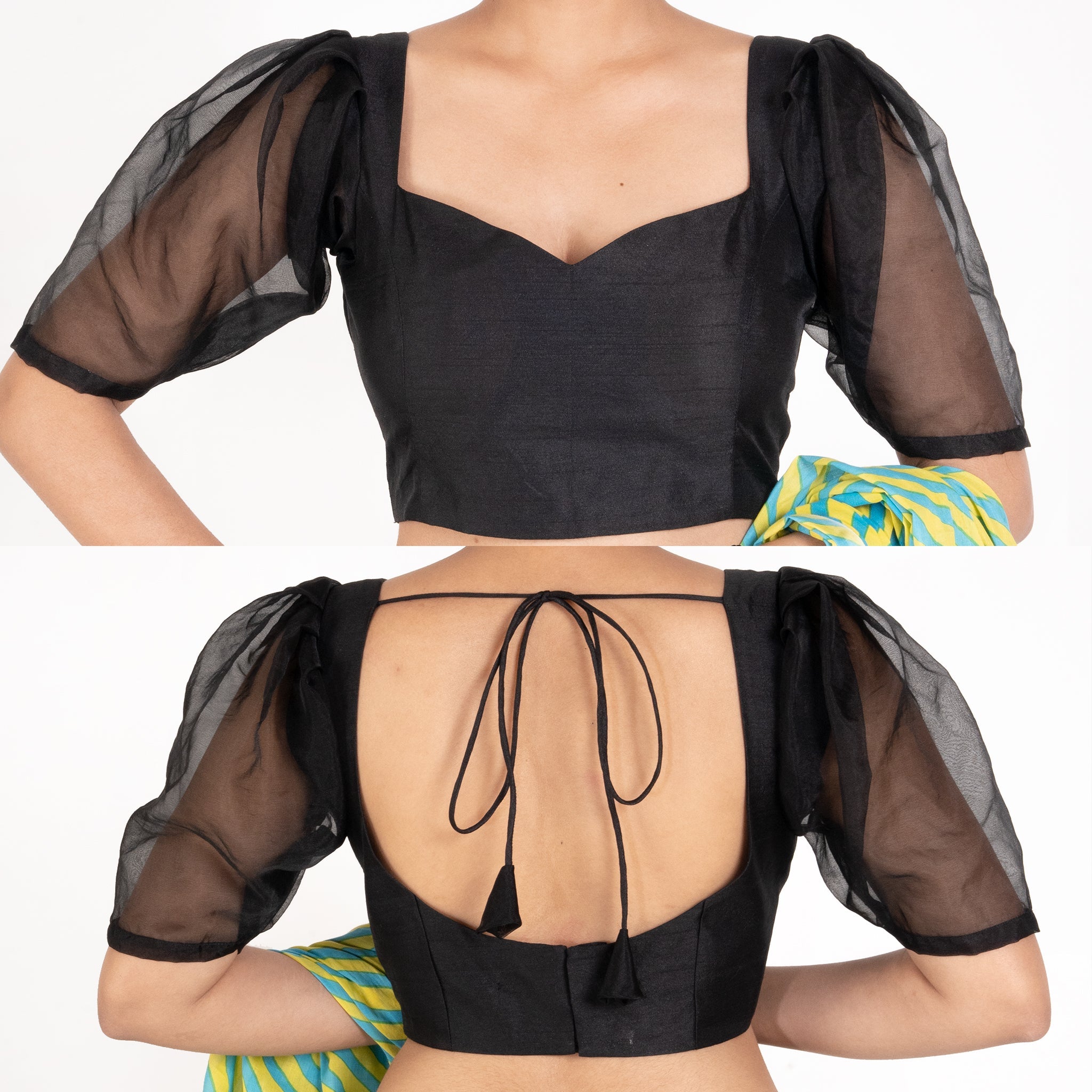 Women's Black Raw Silk Padded Blouse With Puff Organza Sleeves - Boveee