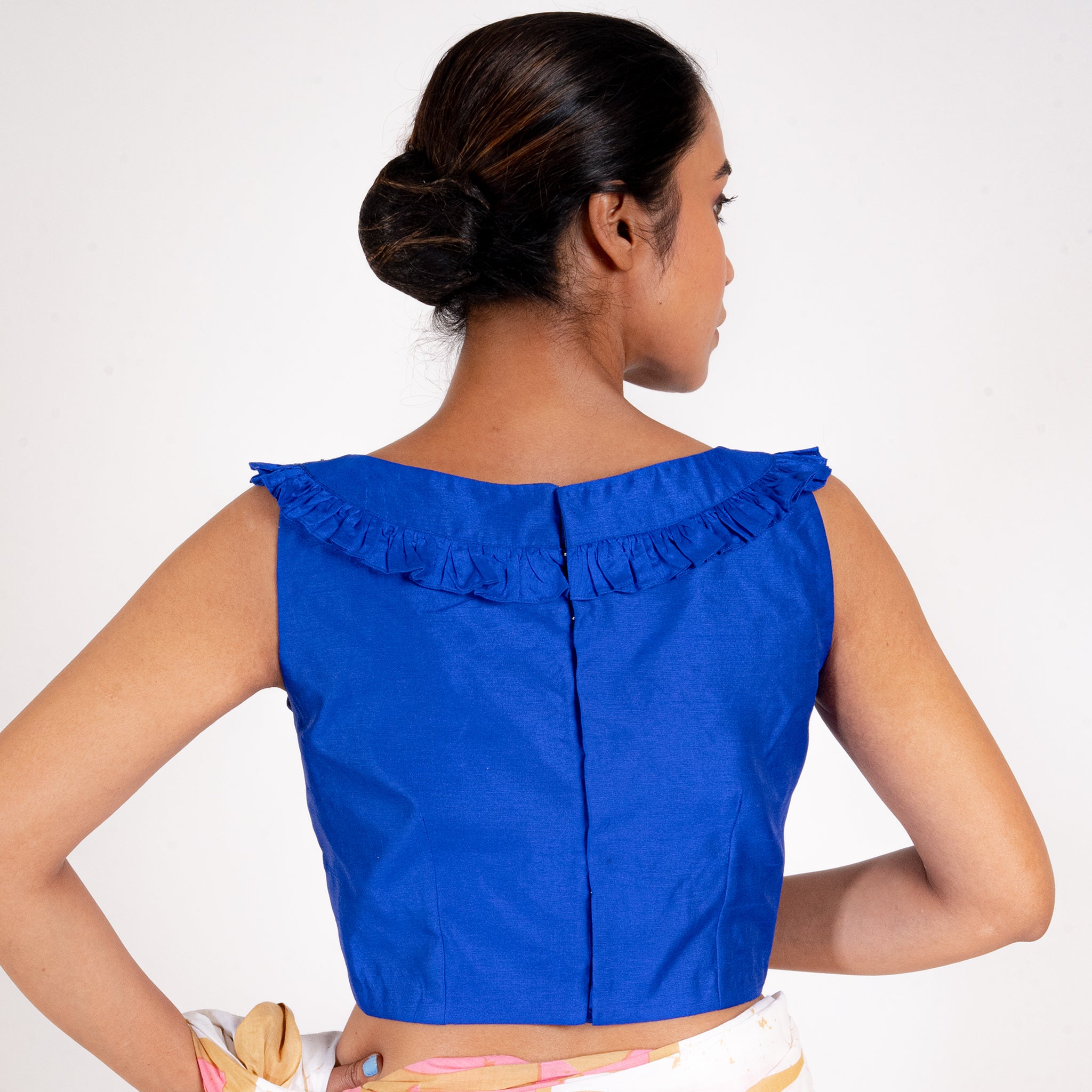 Women's Royal Blue Rawsilk Padded Blouse With Ruffel Design - Boveee