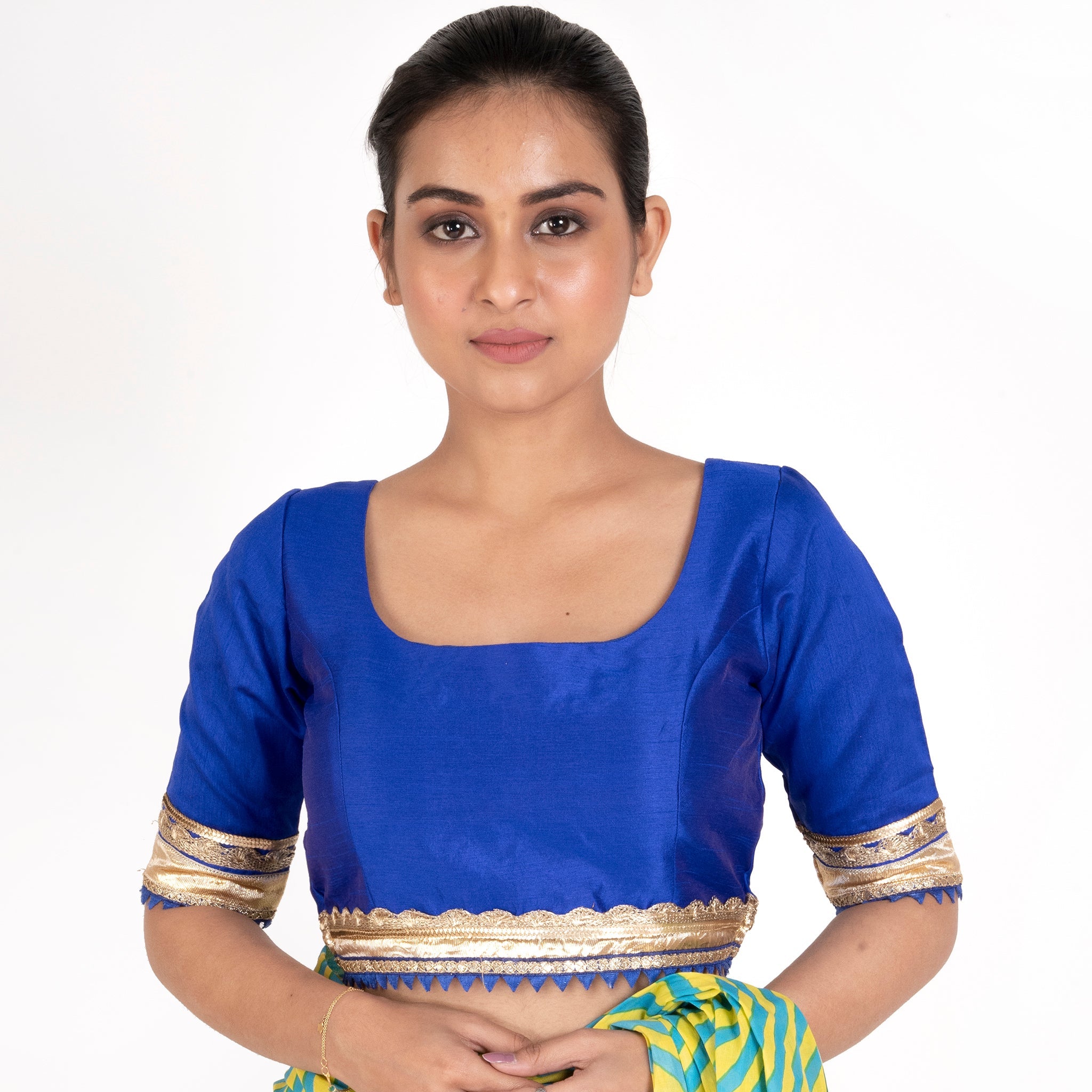 Women's Blue Rawsilk Padded Blouse With Golden Lace Detailing - Boveee