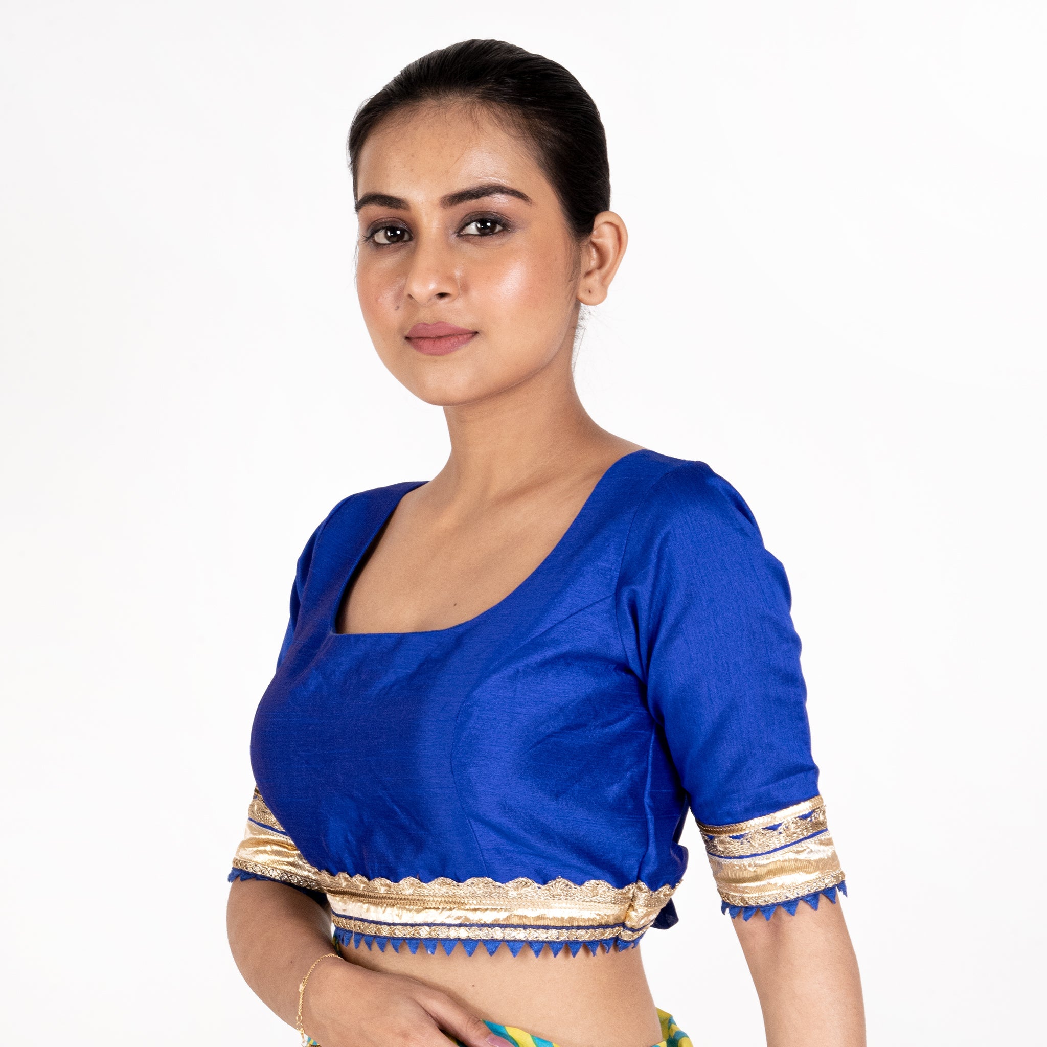 Women's Blue Rawsilk Padded Blouse With Golden Lace Detailing - Boveee